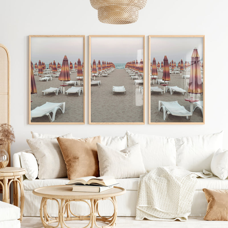 Umbrella Rows to the Shore wall art beach prints - Natural Wood Framed Poster No Border - Artworksets
