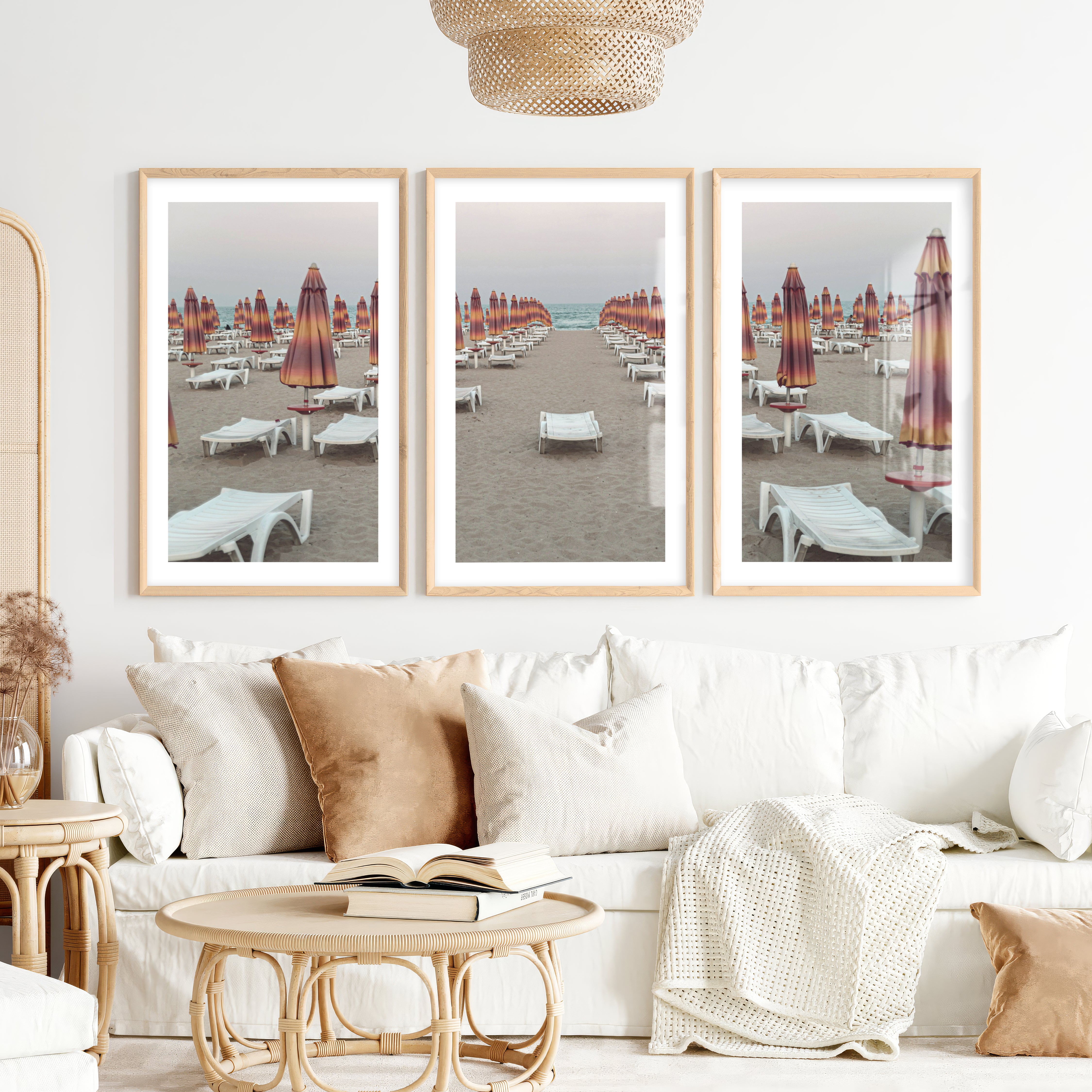Umbrella Rows to the Shore wall art beach prints- Natural Wood Framed Poster with White Border - Artworksets
