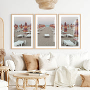 Umbrella Rows to the Shore wall art beach prints- Natural Wood Framed Poster with White Border - Artworksets