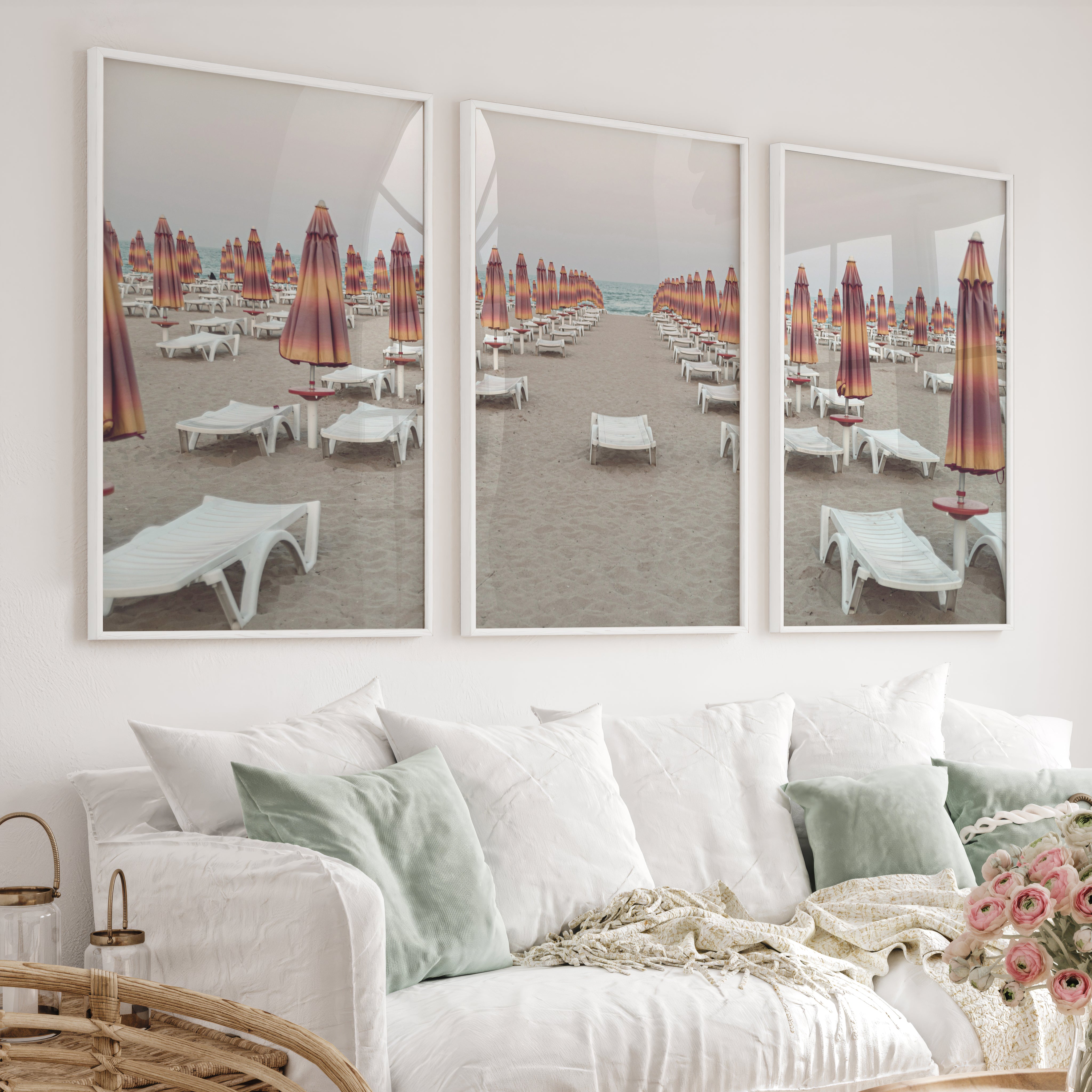 Umbrella Rows to the Shore wall art beach prints - White Framed Poster No Border - Artworksets