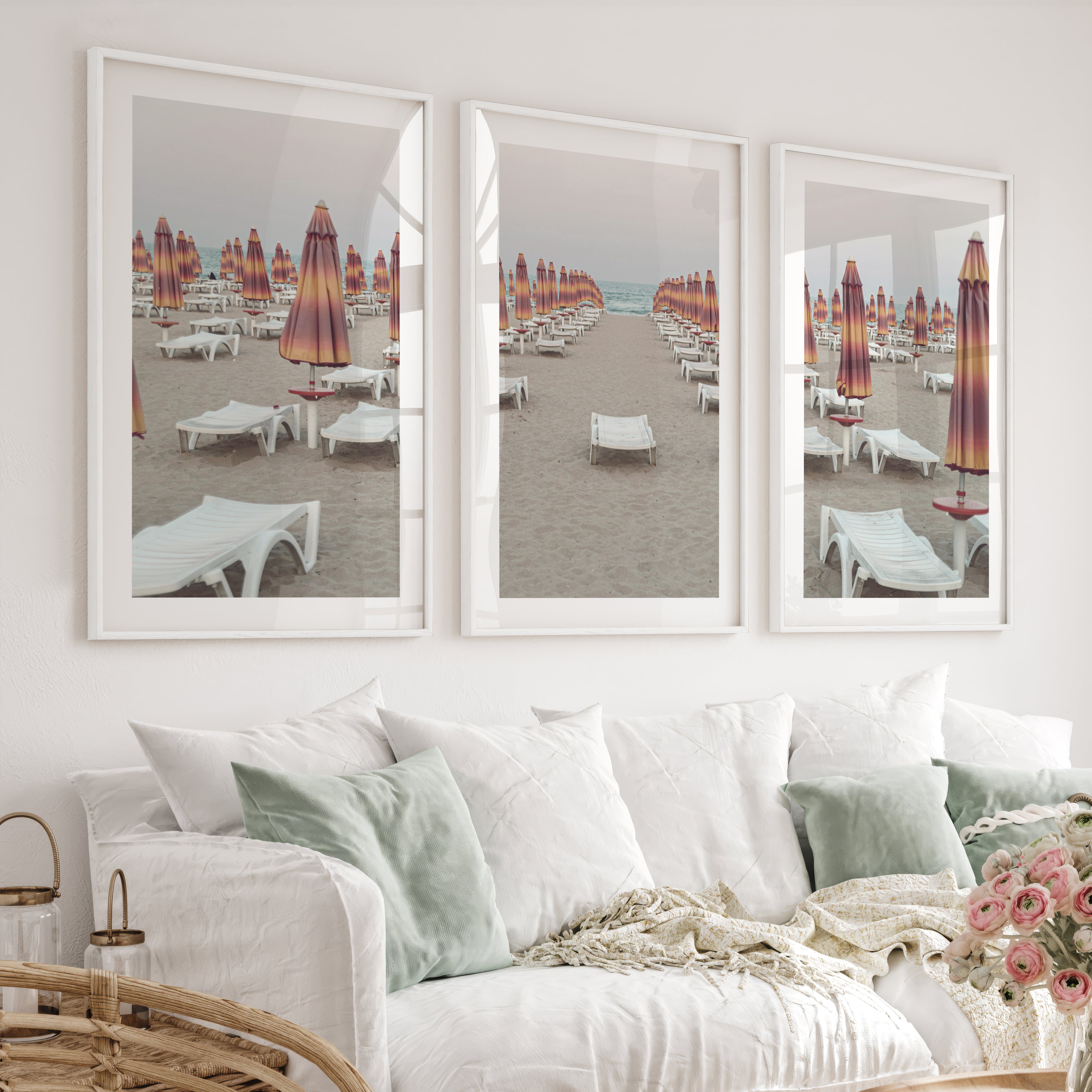 Umbrella Rows to the Shore wall art beach prints - White Framed Poster with White Border - Artworksets