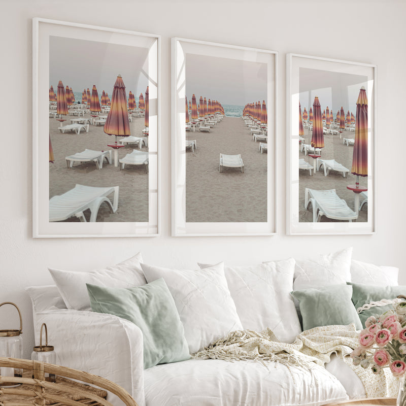 Umbrella Rows to the Shore wall art beach prints - White Framed Poster with White Border - Artworksets