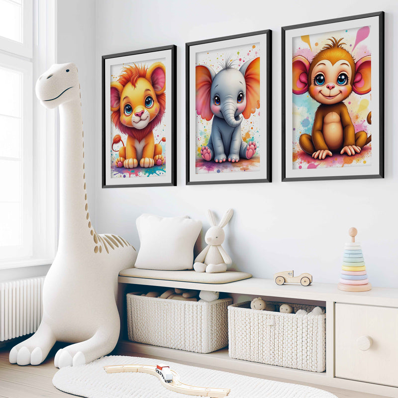 Nursery Wall Art Decor – Lion, Elephant & Monkey Print Set - Black Framed Poster with White Border - Artworksets