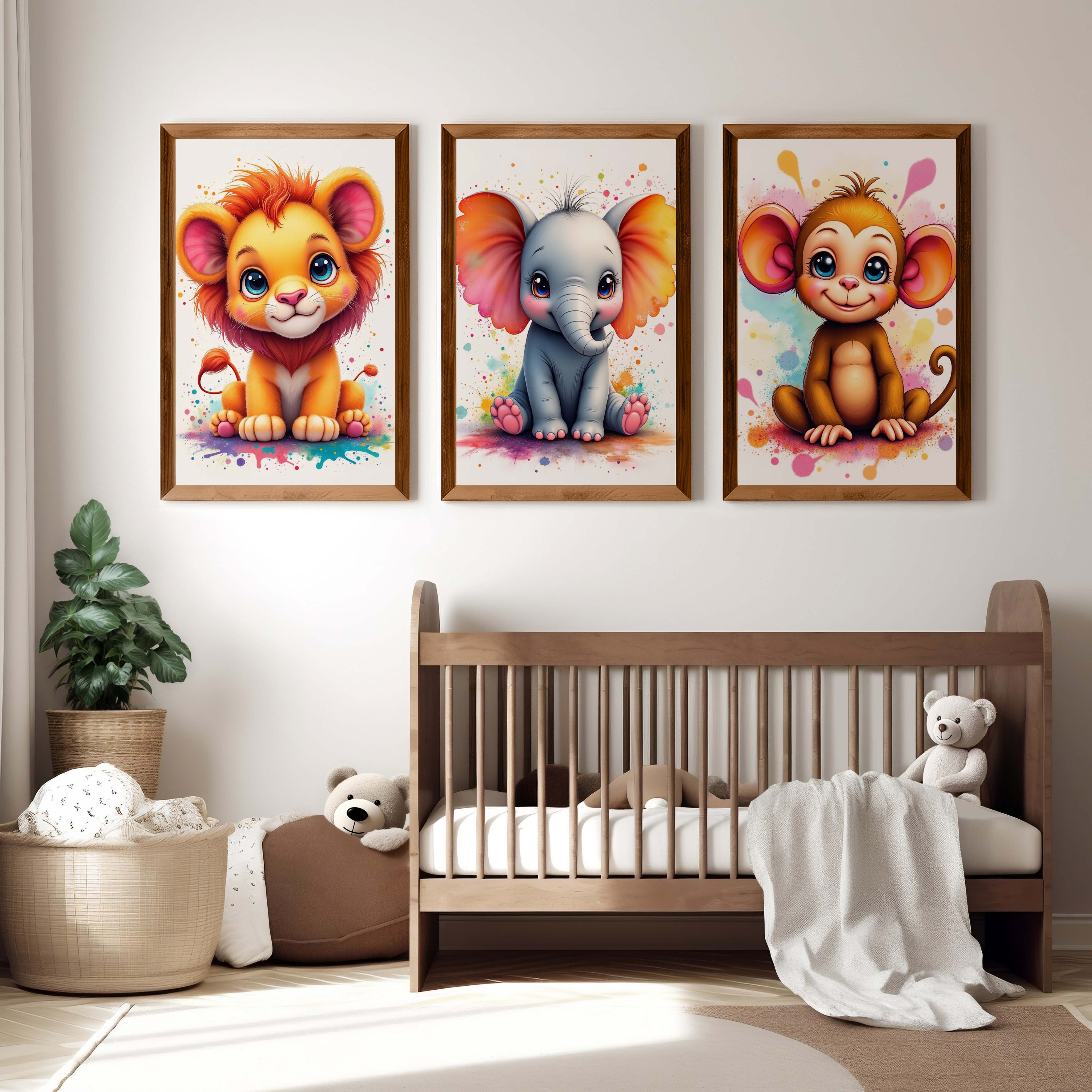 Nursery Wall Art Decor – Lion, Elephant & Monkey Print Set - Dark Brown Framed Poster No Border - Artworksets
