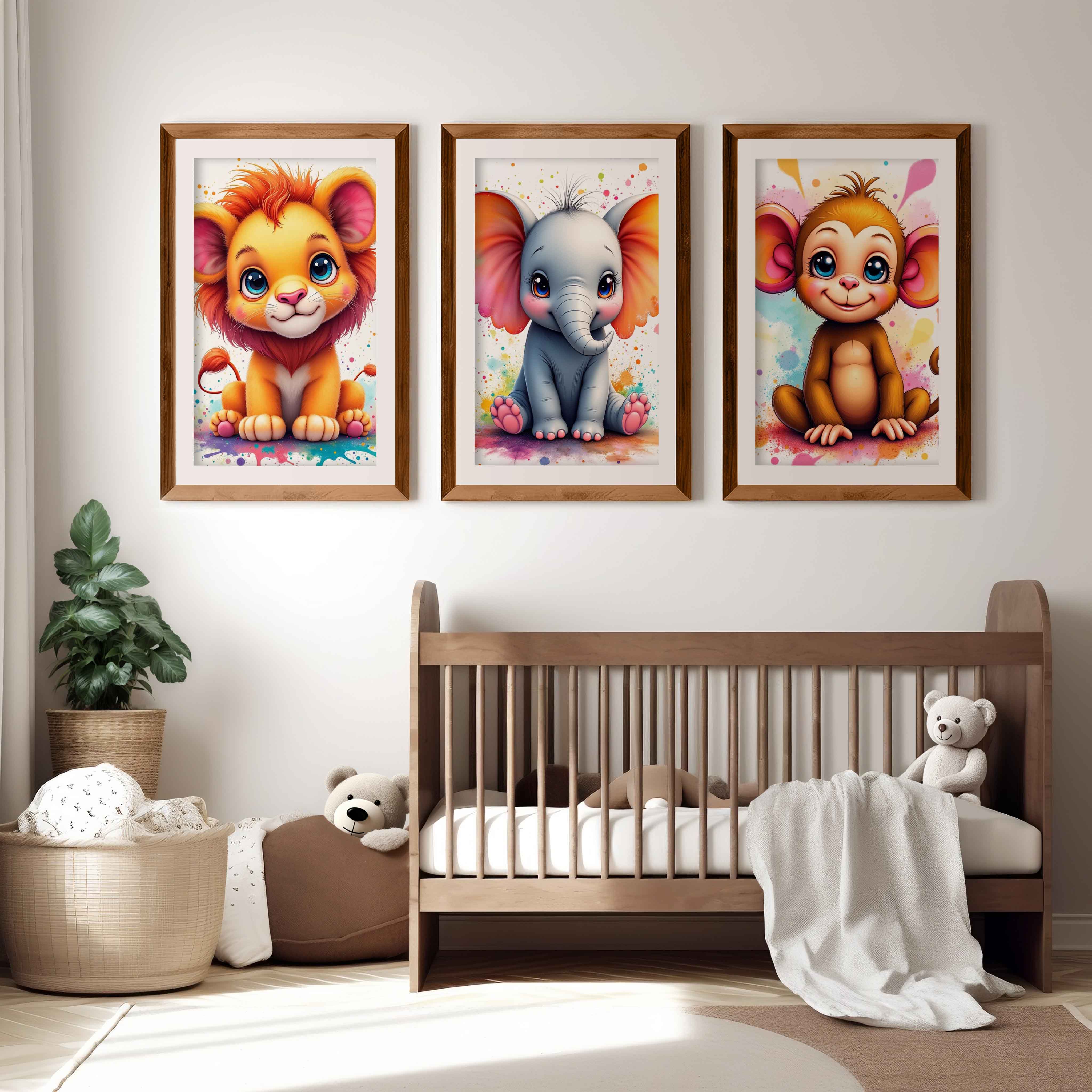 Nursery Wall Art Decor – Lion, Elephant & Monkey Print Set - Dark Brown Framed Poster with White Border - Artworksets