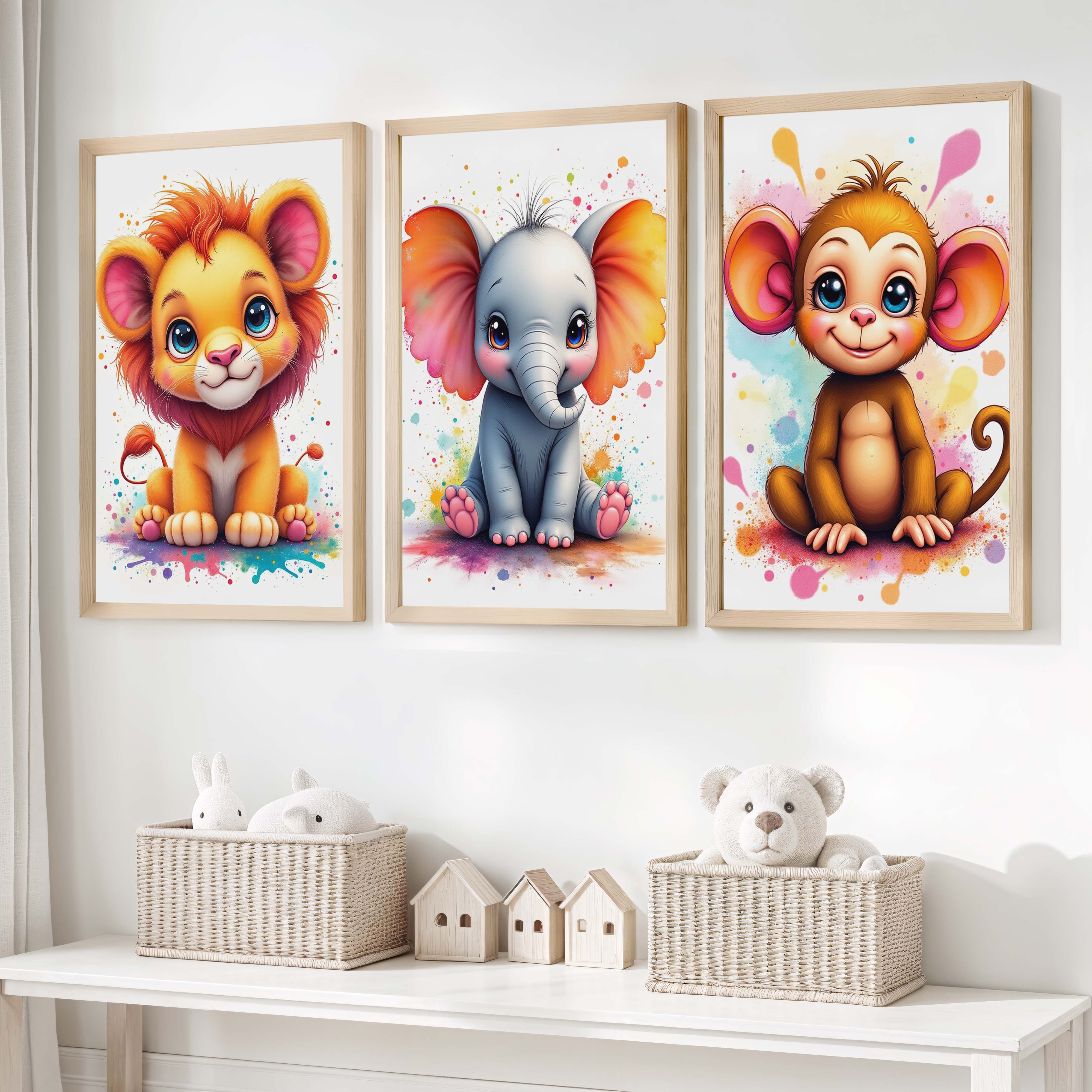 Nursery Wall Art Decor – Lion, Elephant & Monkey Print Set - Natural Wood Framed Poster No Border - Artworksets