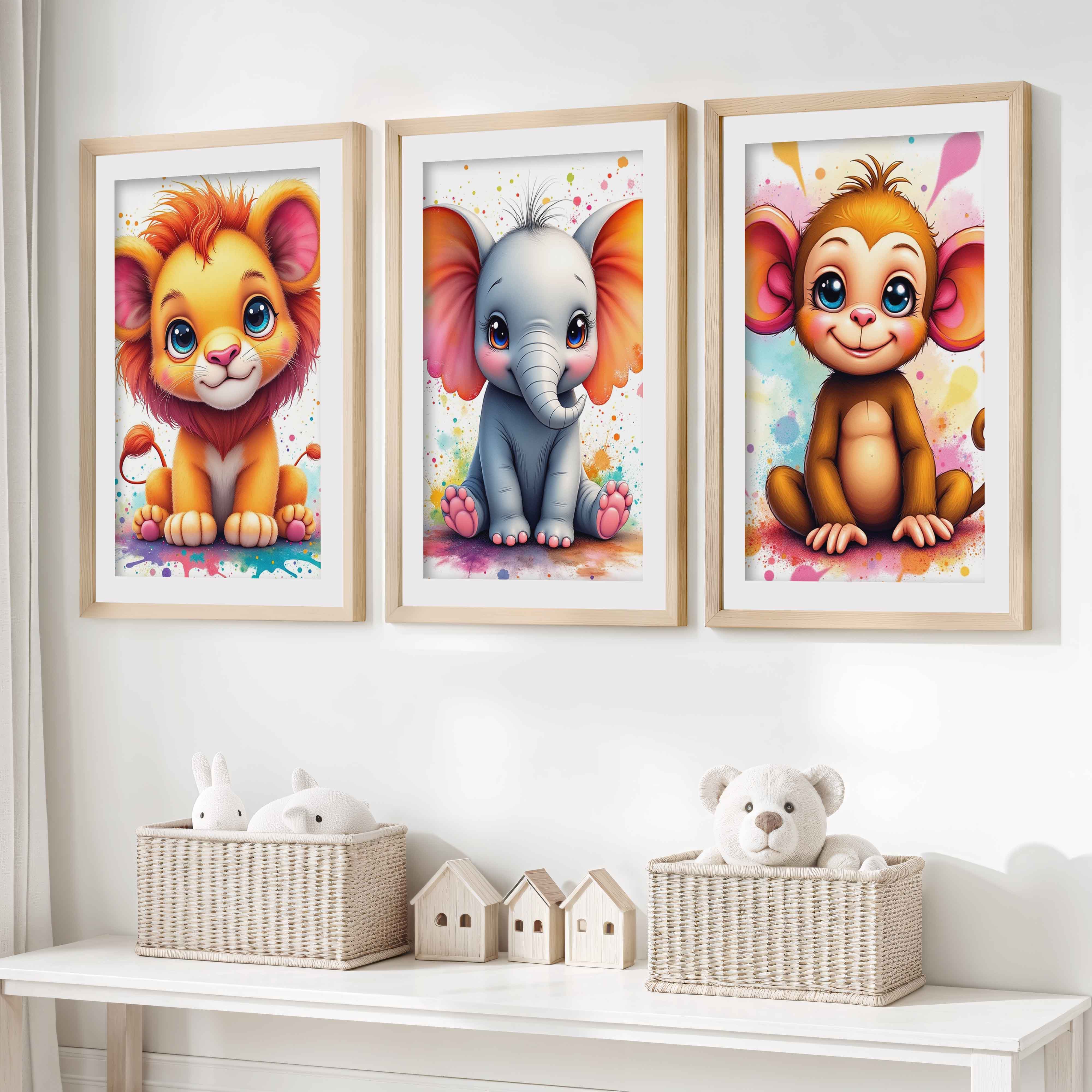 Nursery Wall Art Decor – Lion, Elephant & Monkey Print Set- Natural Wood Framed Poster with White Border - Artworksets