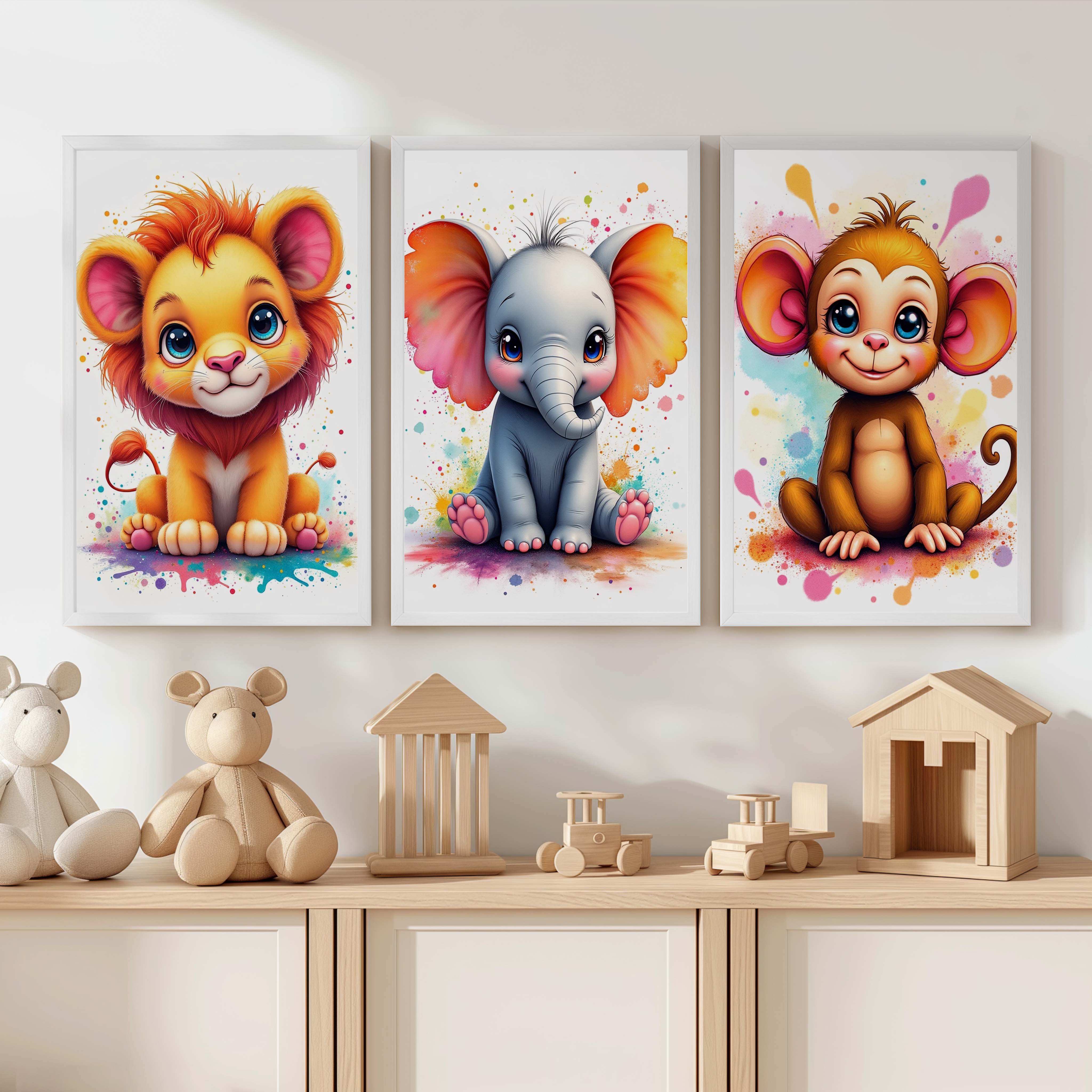 Nursery Wall Art Decor – Lion, Elephant & Monkey Print Set - White Framed Poster No Border - Artworksets