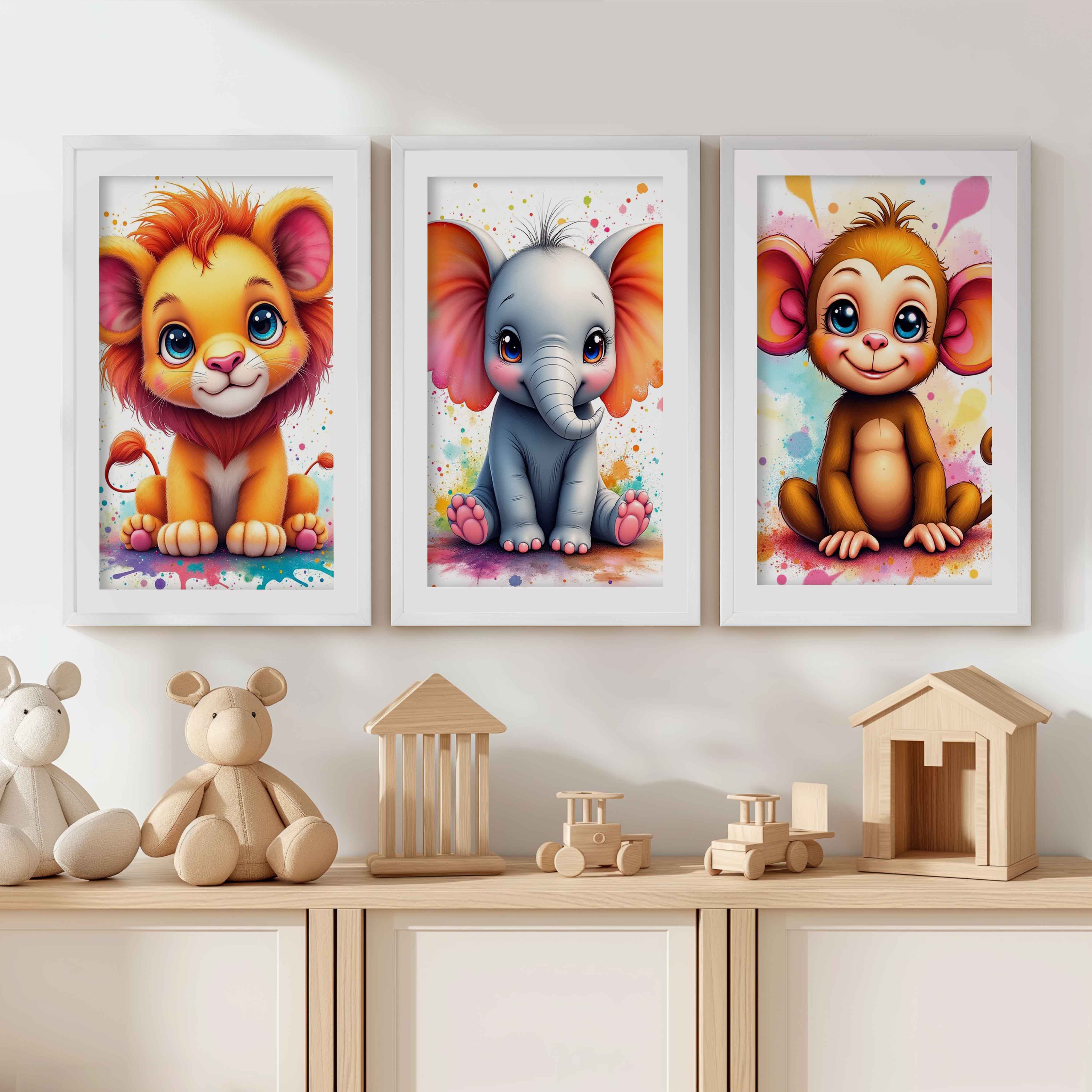 Nursery Wall Art Decor – Lion, Elephant & Monkey Print Set - White Framed Poster with White Border - Artworksets