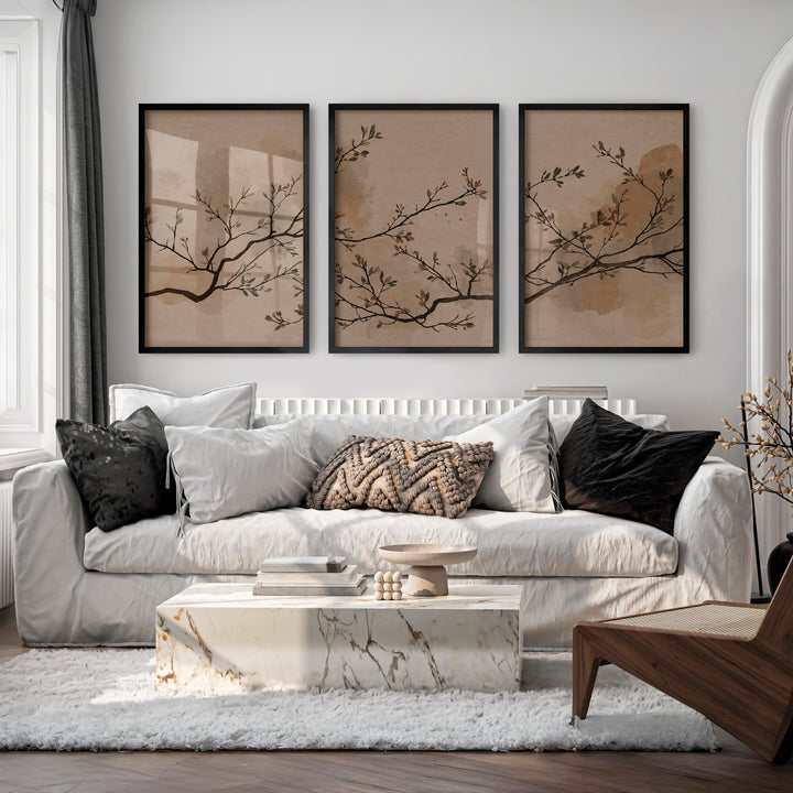 Leafed Branch wall art japandi in Soft Neutrals - Black Framed Poster No Border - Artworksets
