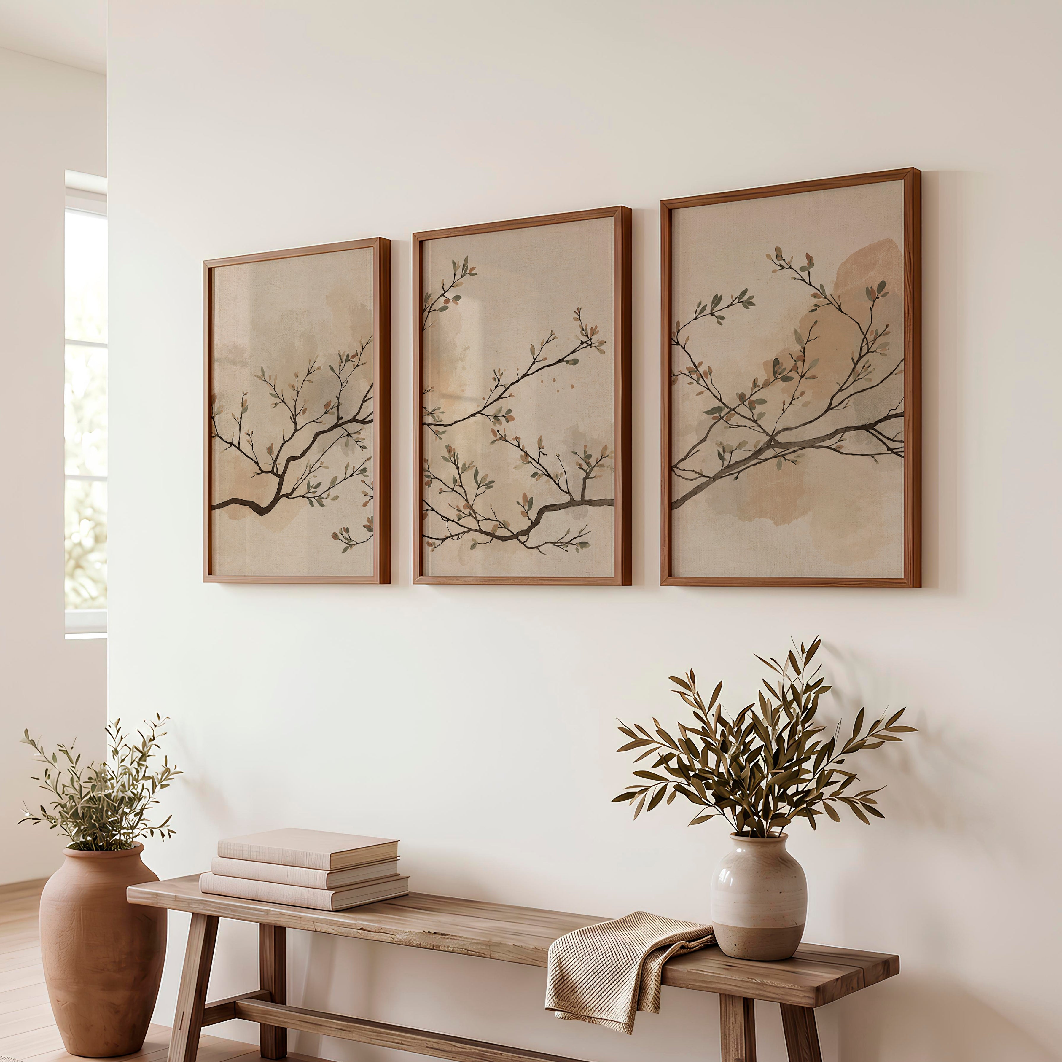 Leafed Branch wall art japandi in Soft Neutrals - Dark Brown Framed Poster No Border - Artworksets