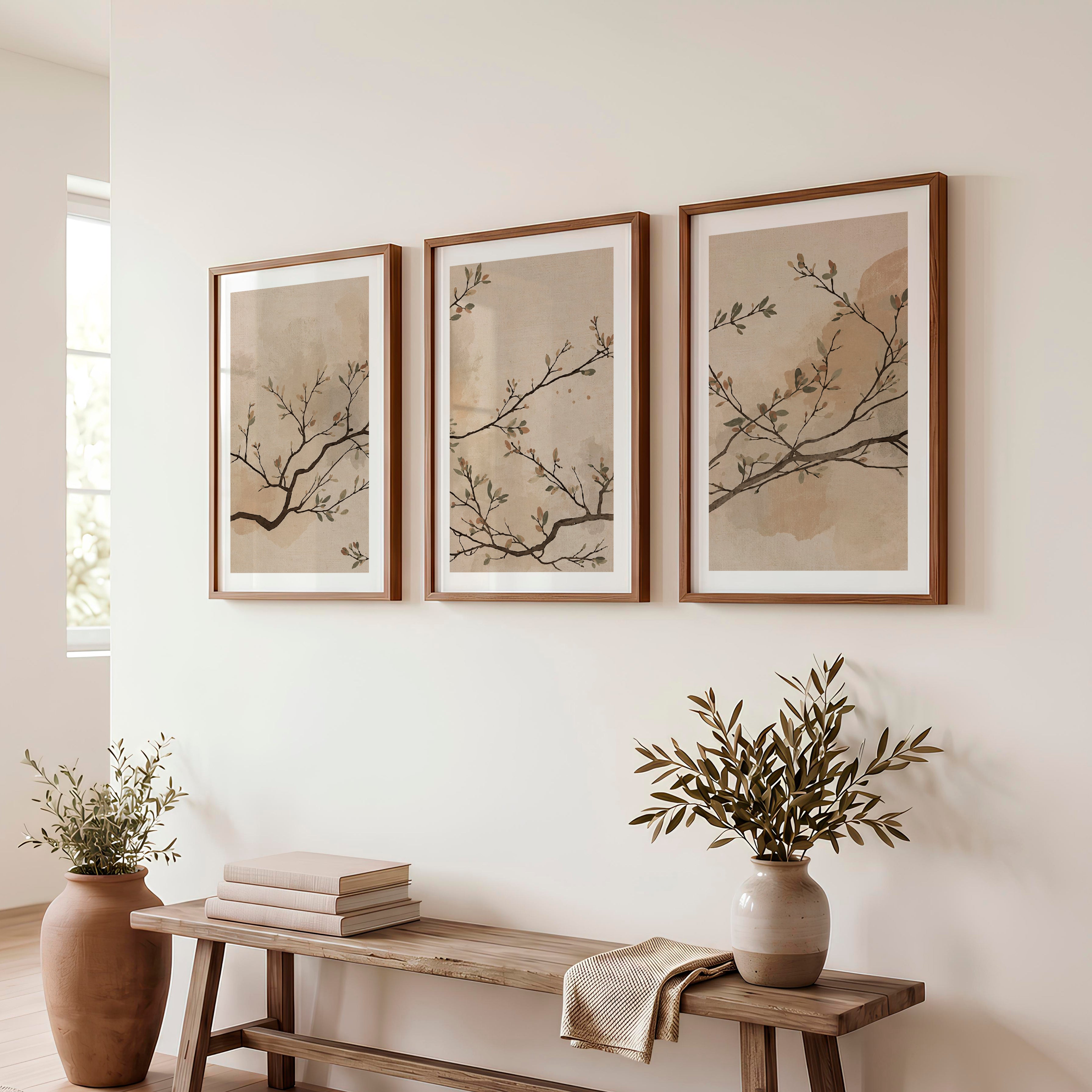 Leafed Branch wall art japandi in Soft Neutrals - Dark Brown Framed Poster with White Border - Artworksets