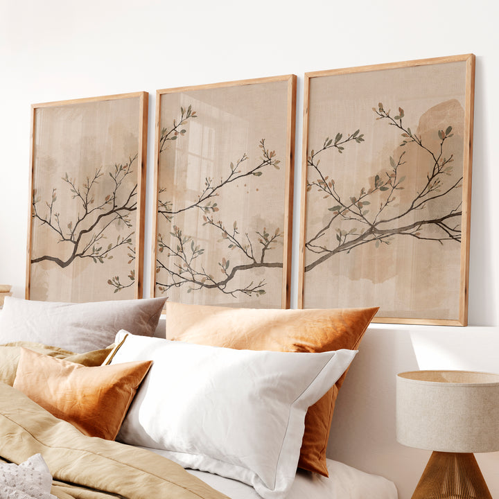 Leafed Branch wall art japandi in Soft Neutrals - Natural Wood Framed Poster No Border - Artworksets