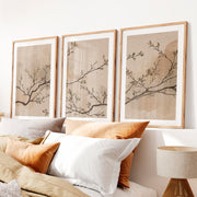 Leafed Branch wall art japandi in Soft Neutrals- Natural Wood Framed Poster with White Border - Artworksets