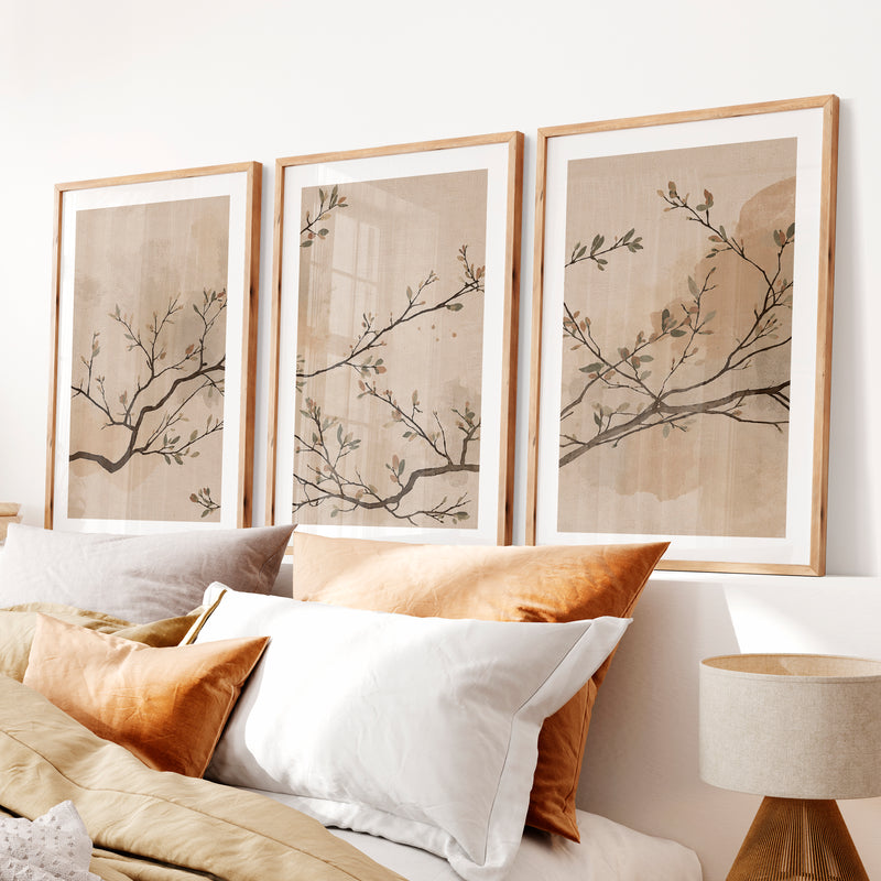 Leafed Branch wall art japandi in Soft Neutrals- Natural Wood Framed Poster with White Border - Artworksets