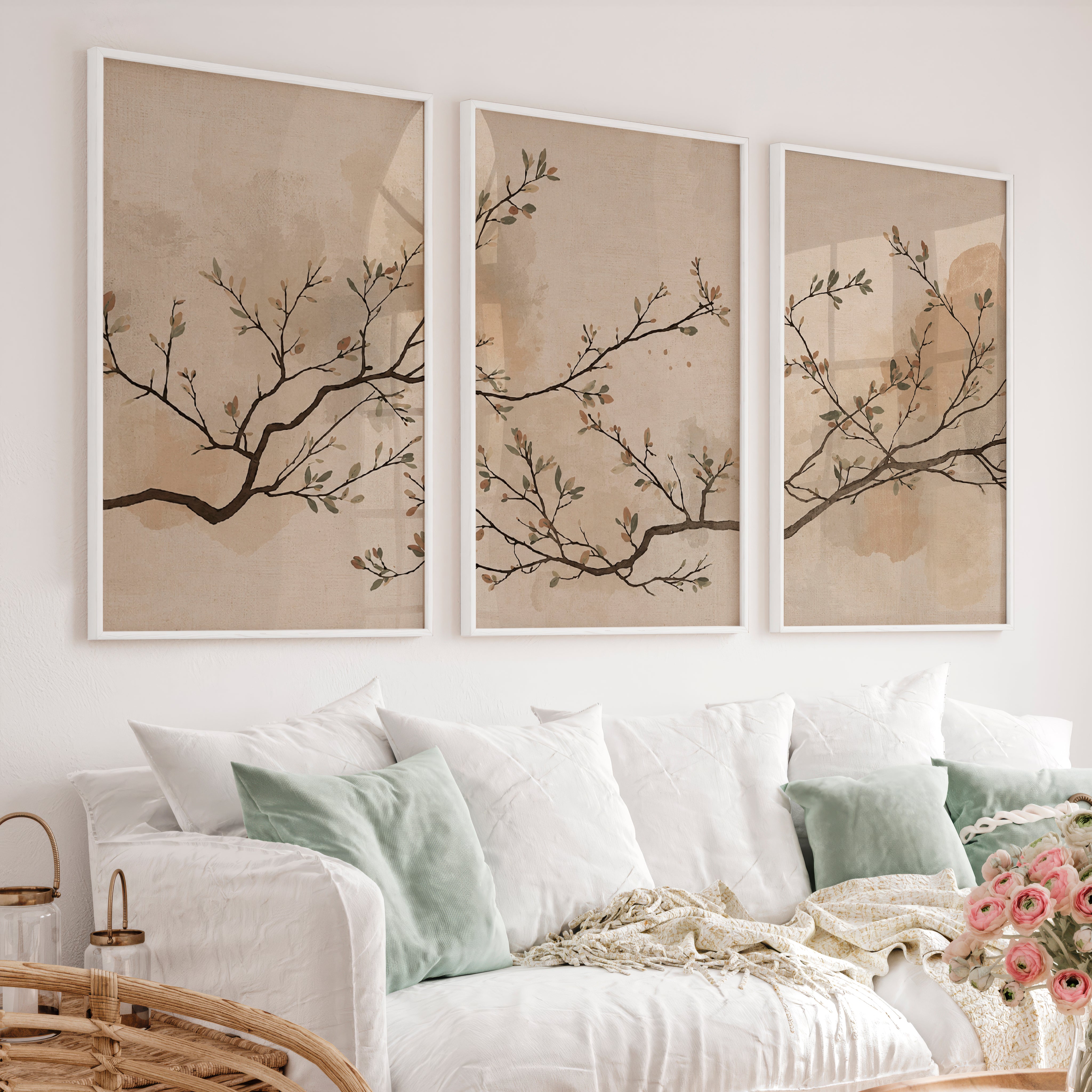 Leafed Branch wall art japandi in Soft Neutrals - White Framed Poster No Border - Artworksets