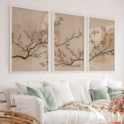 Leafed Branch wall art japandi in Soft Neutrals - White Framed Poster No Border - Artworksets