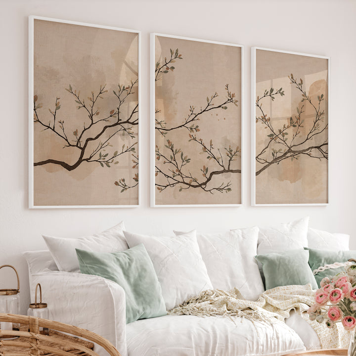 Leafed Branch wall art japandi in Soft Neutrals - White Framed Poster No Border - Artworksets