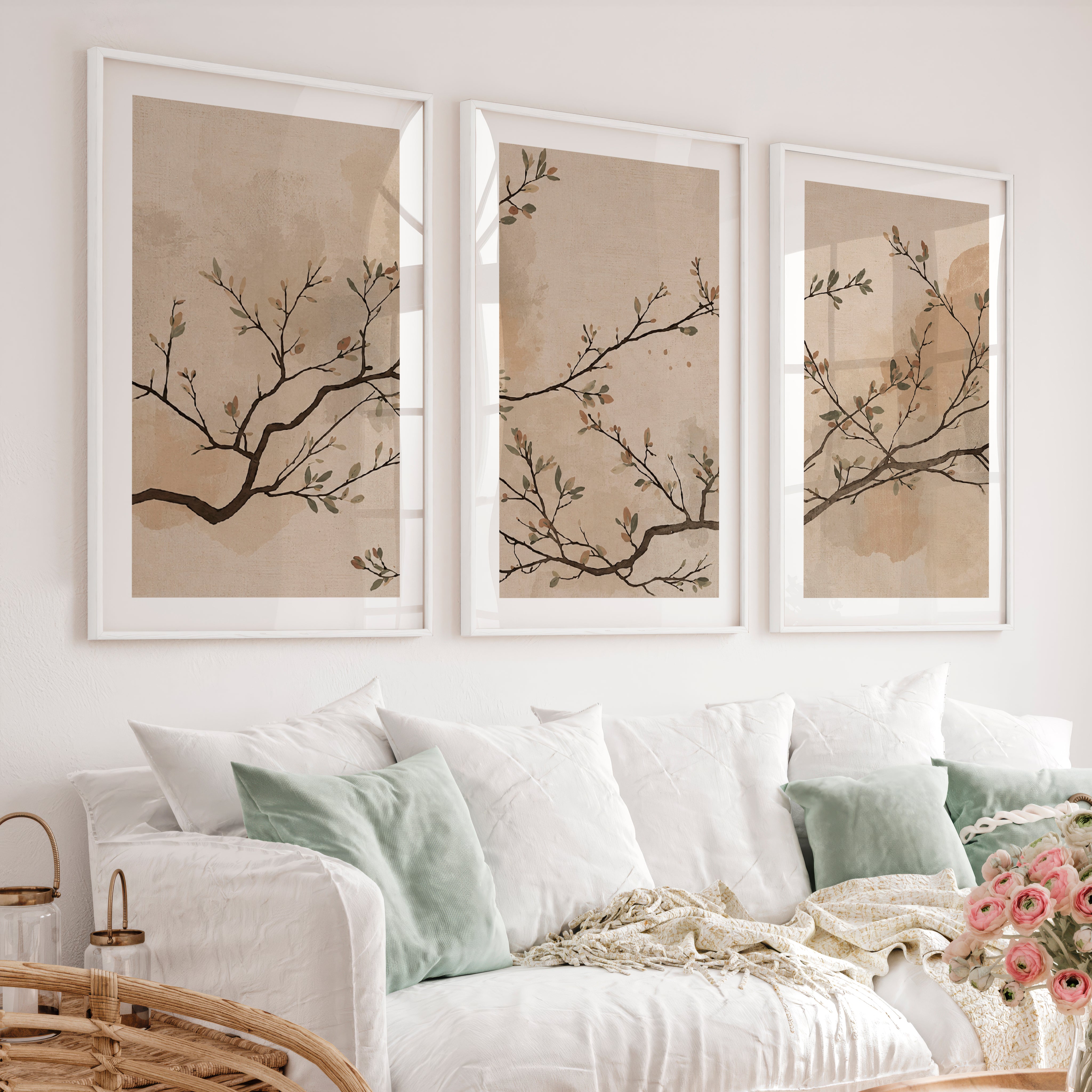 Leafed Branch wall art japandi in Soft Neutrals - White Framed Poster with White Border - Artworksets
