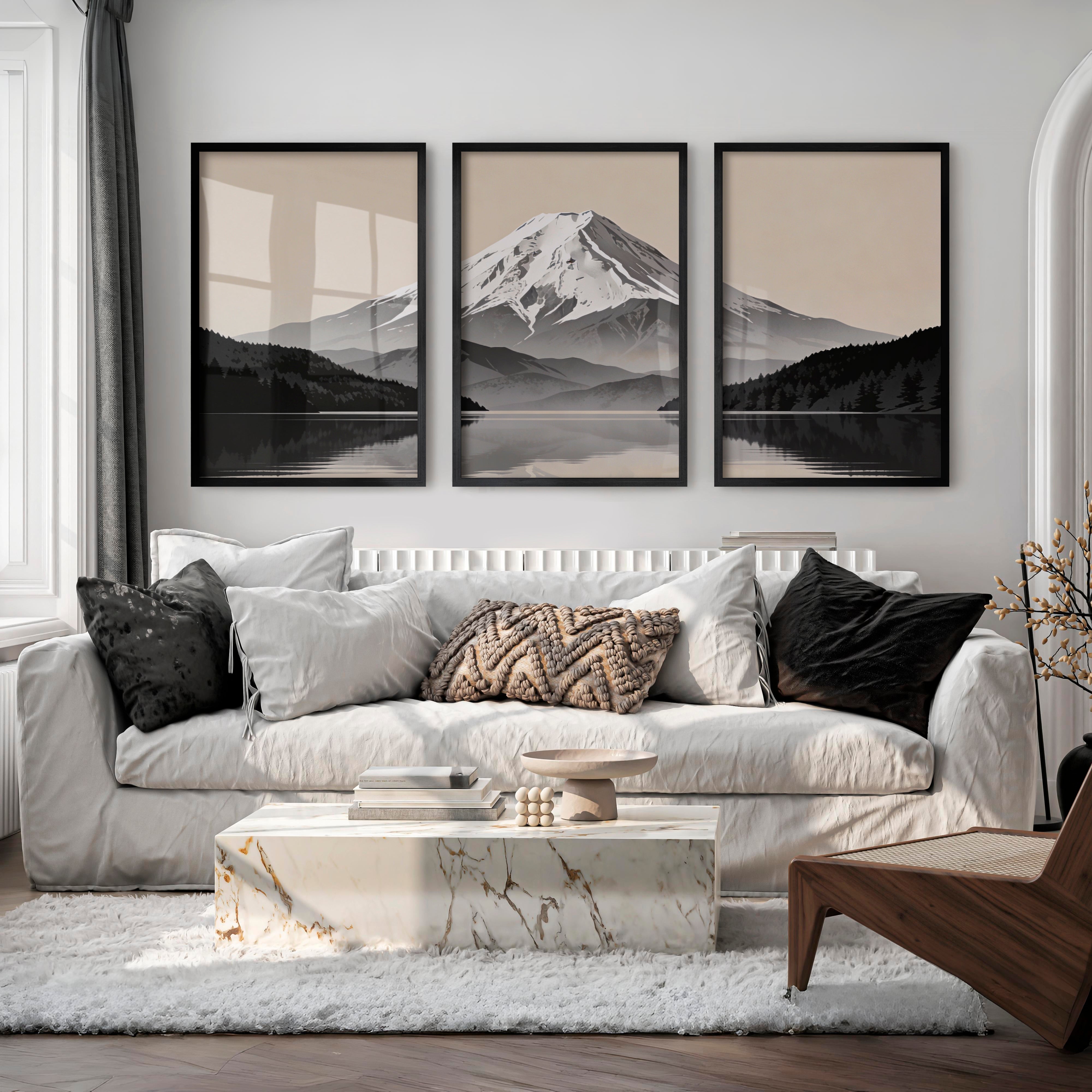 Reflected Snow Mountain Wall Art Japandi - Black Framed Poster No Border - Artworksets