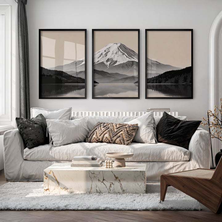 Reflected Snow Mountain Wall Art Japandi - Black Framed Poster No Border - Artworksets