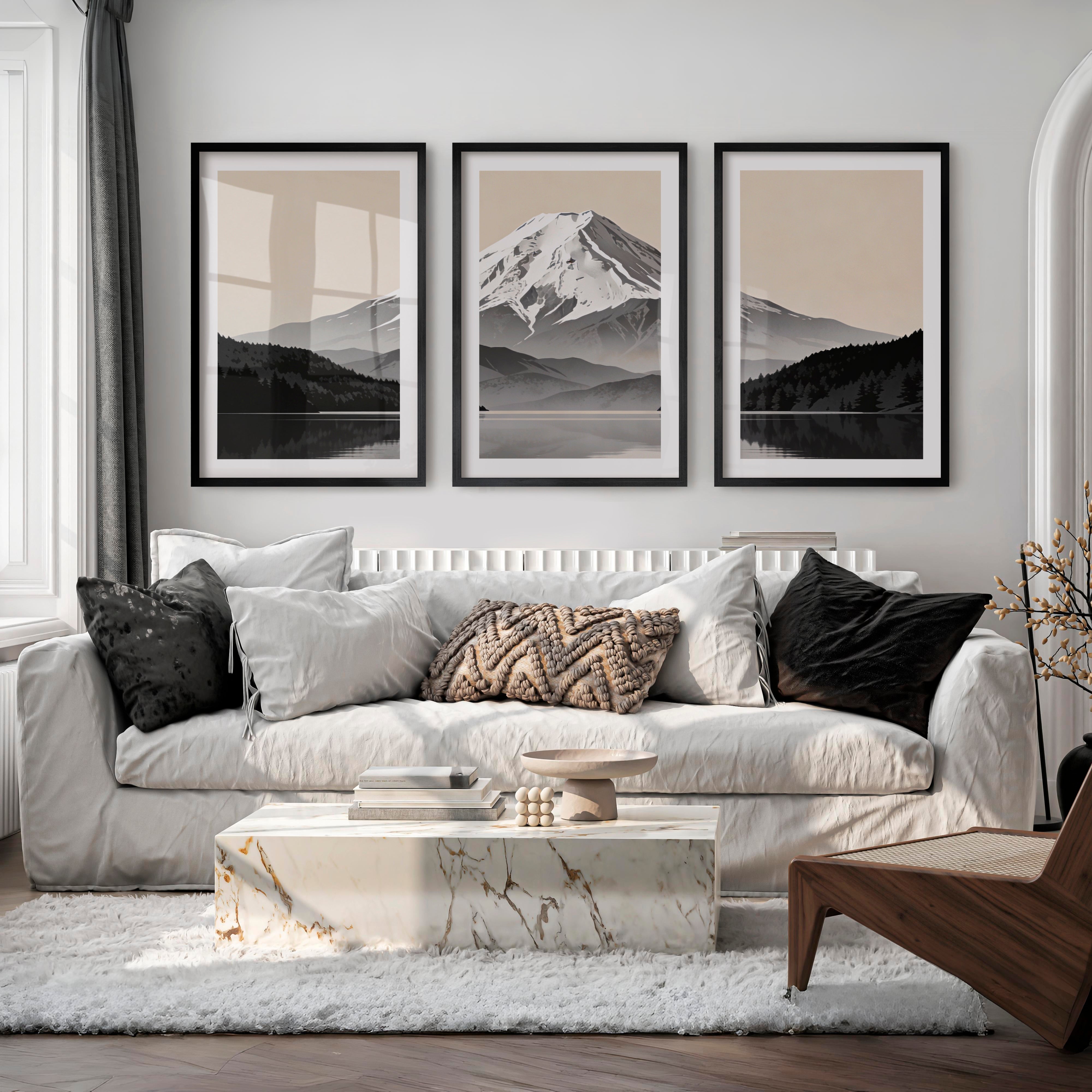 Reflected Snow Mountain Wall Art Japandi - Black Framed Poster with White Border - Artworksets