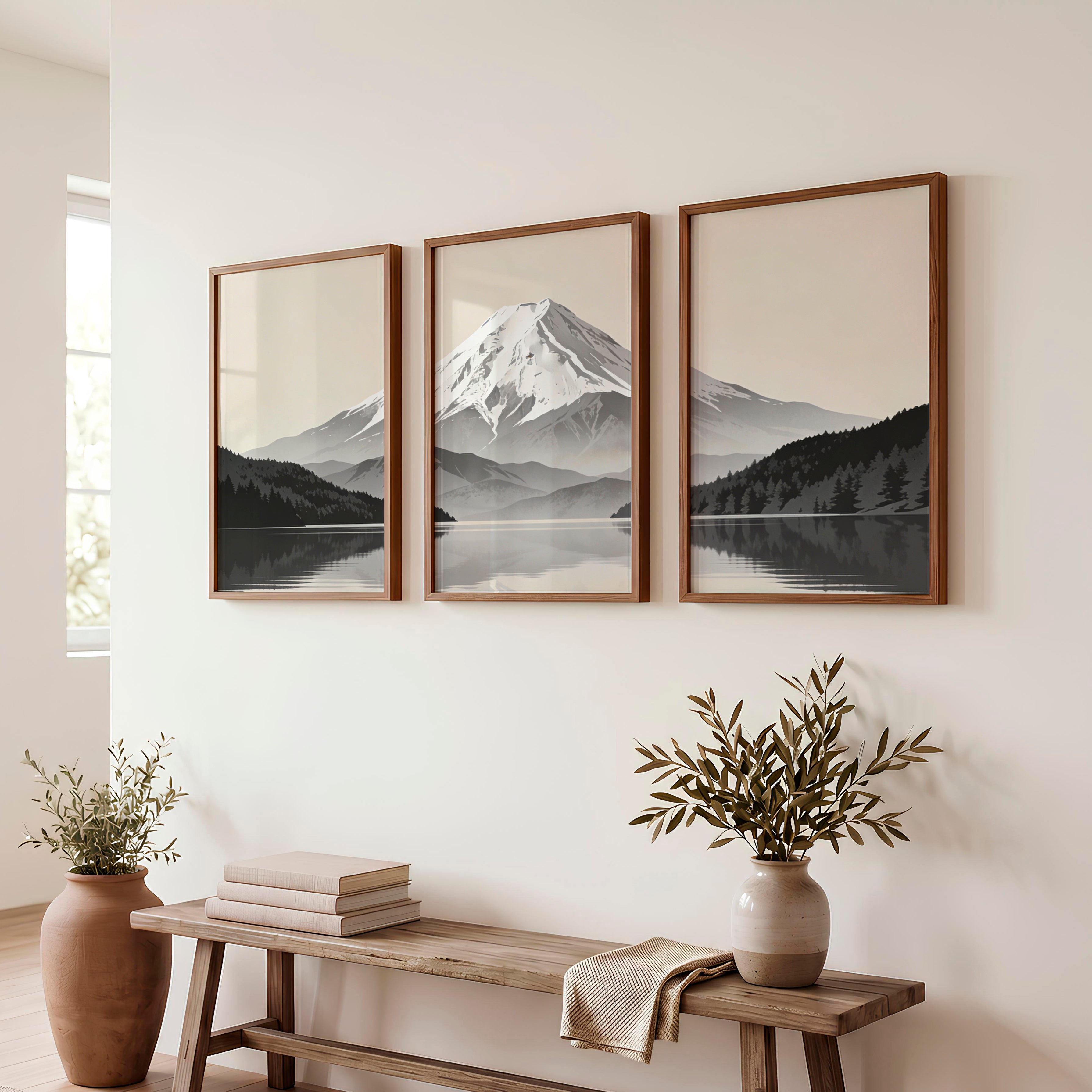 Reflected Snow Mountain Wall Art Japandi - Dark Brown Framed Poster No Border - Artworksets