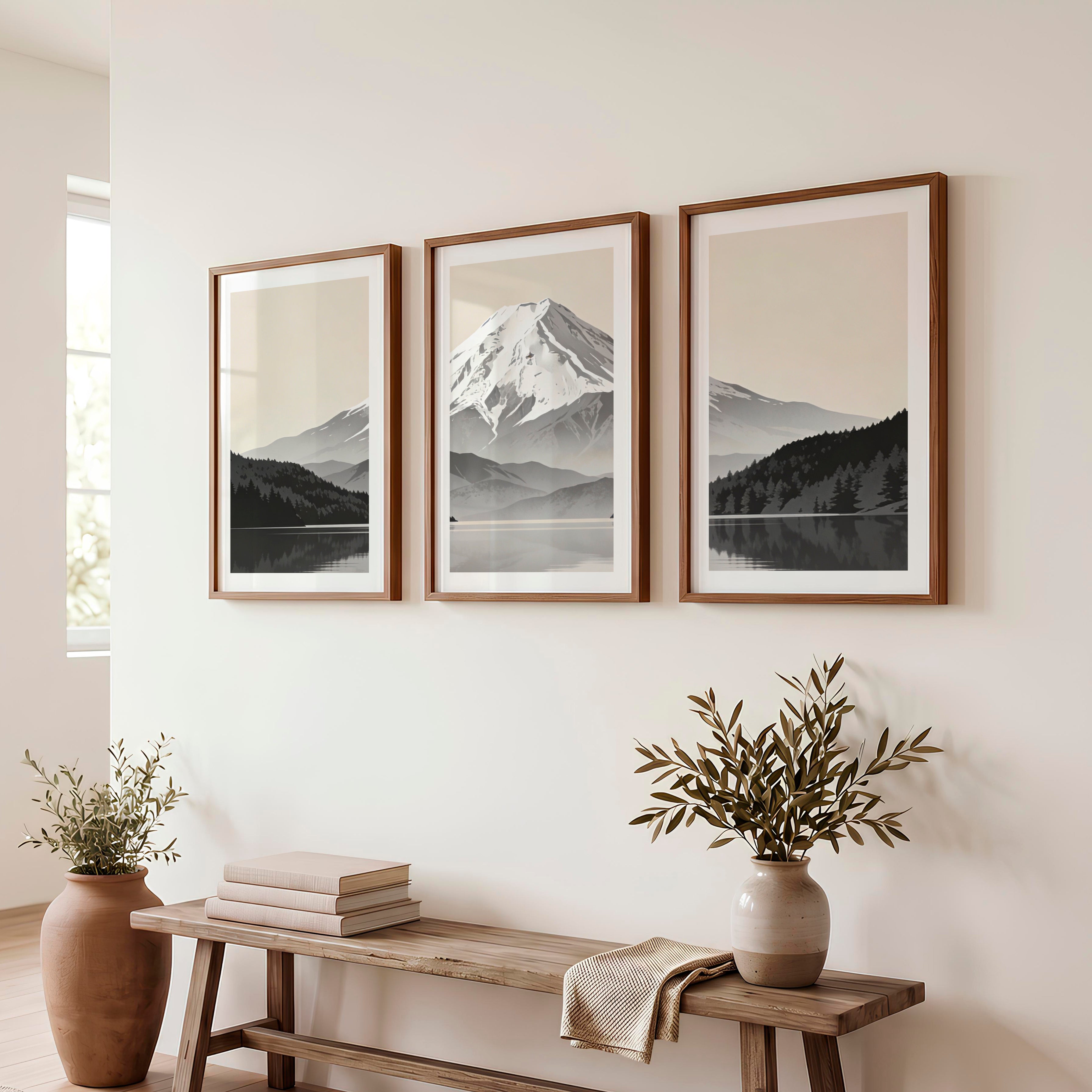 Reflected Snow Mountain Wall Art Japandi - Dark Brown Framed Poster with White Border - Artworksets