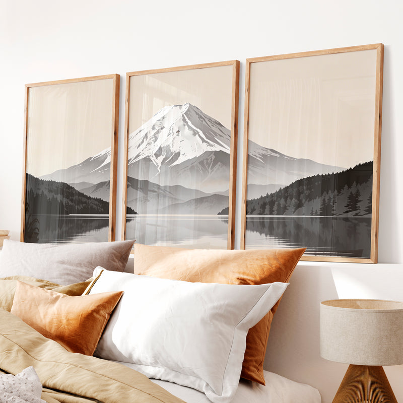 Reflected Snow Mountain Wall Art Japandi - Natural Wood Framed Poster No Border - Artworksets