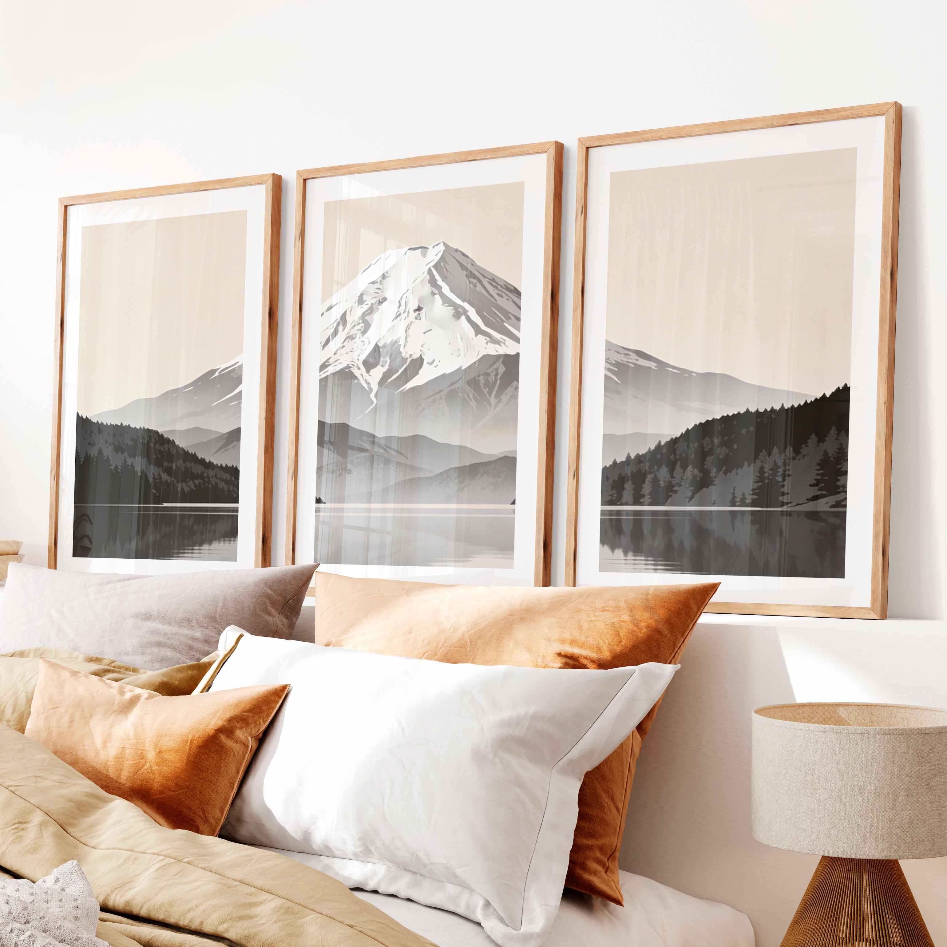 Reflected Snow Mountain Wall Art Japandi- Natural Wood Framed Poster with White Border - Artworksets