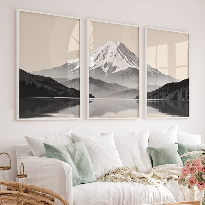 Reflected Snow Mountain Wall Art Japandi - White Framed Poster No Border - Artworksets