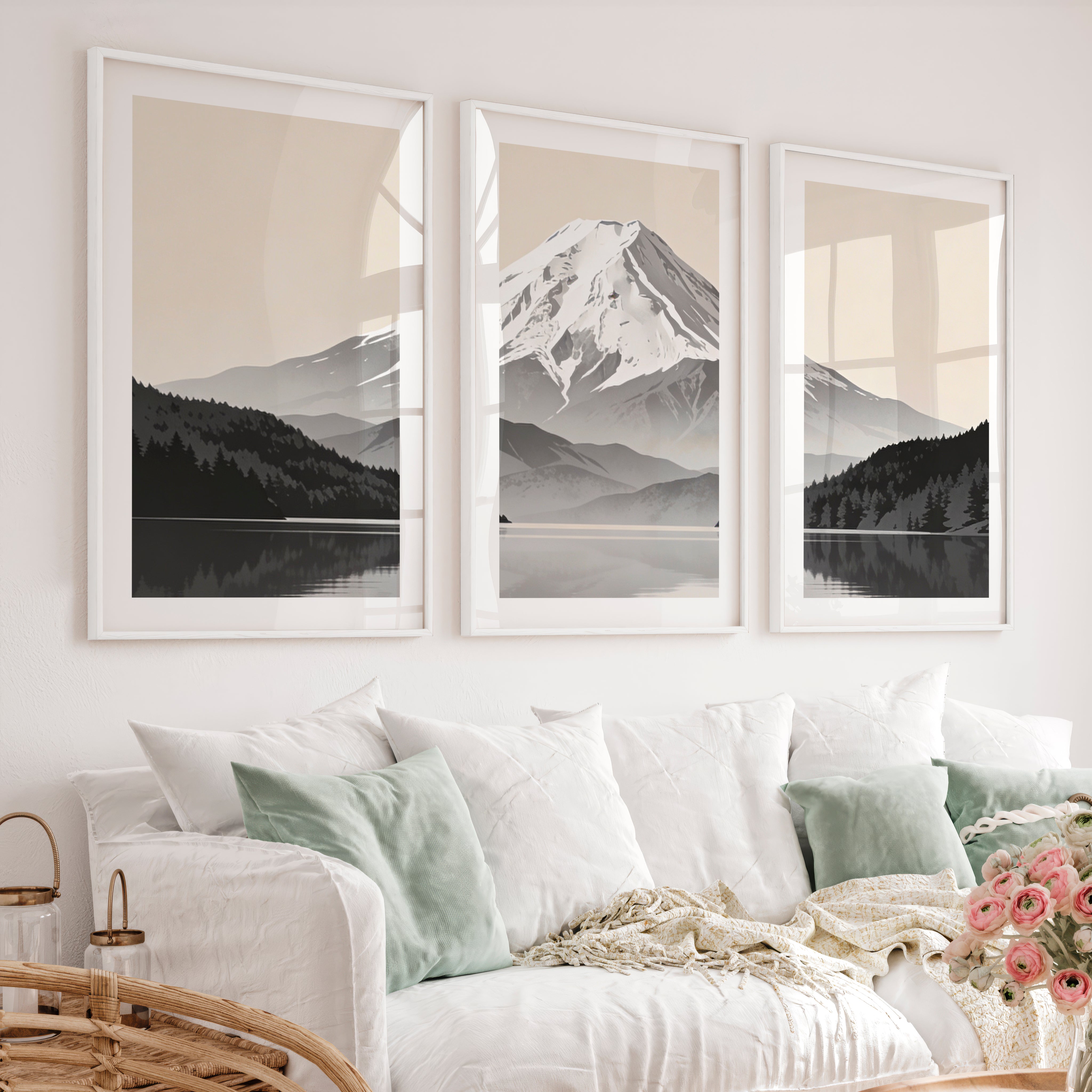 Reflected Snow Mountain Wall Art Japandi - White Framed Poster with White Border - Artworksets