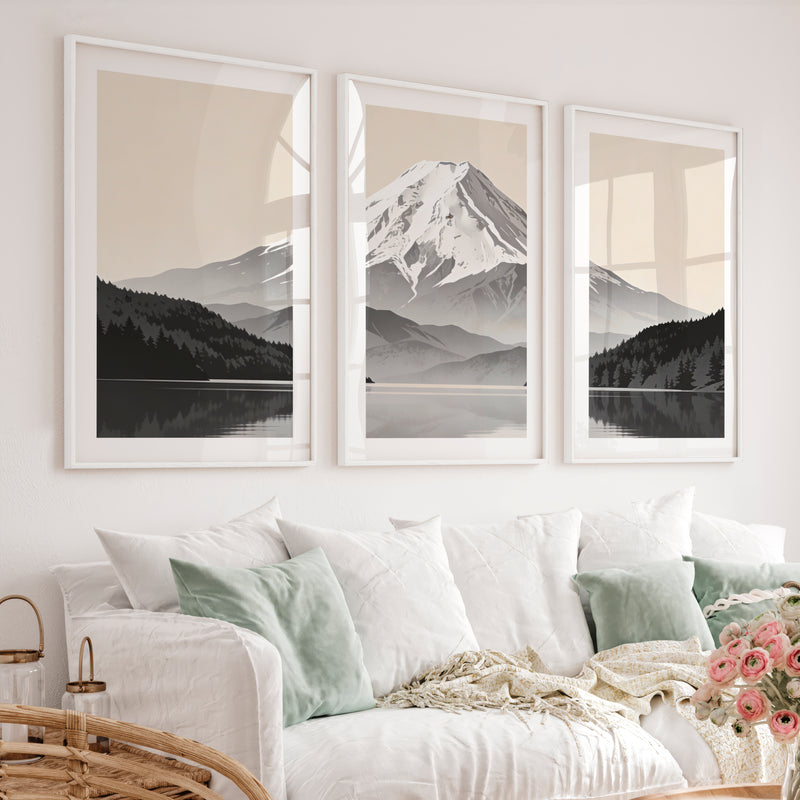 Reflected Snow Mountain Wall Art Japandi - White Framed Poster with White Border - Artworksets
