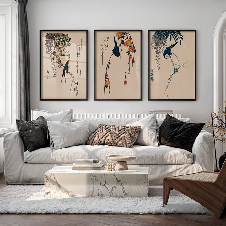 Hanging Wisteria Swallows for wall art japandi - Black Framed Poster No Border - Artworksets