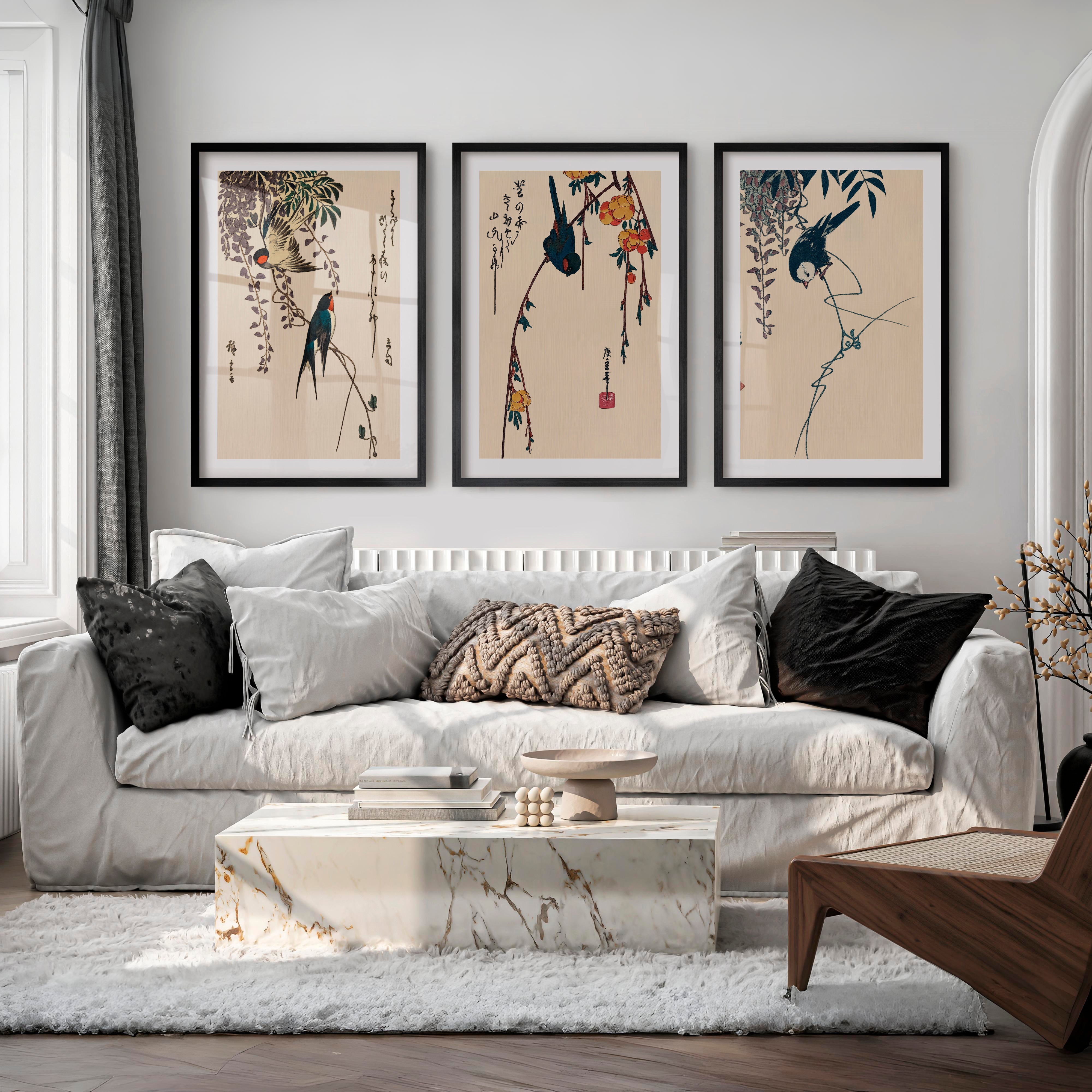 Hanging Wisteria Swallows for wall art japandi - Black Framed Poster with White Border - Artworksets