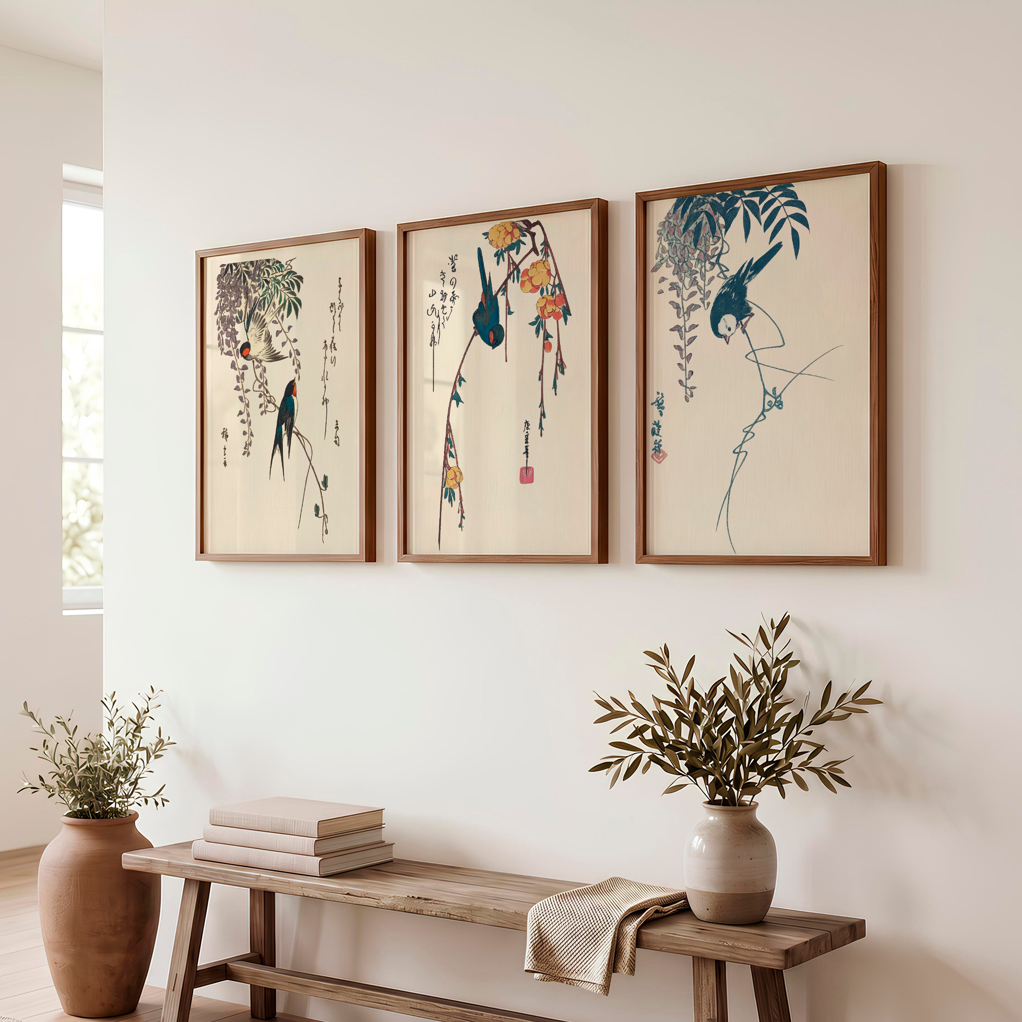 Hanging Wisteria Swallows for wall art japandi - Dark Brown Framed Poster No Border - Artworksets