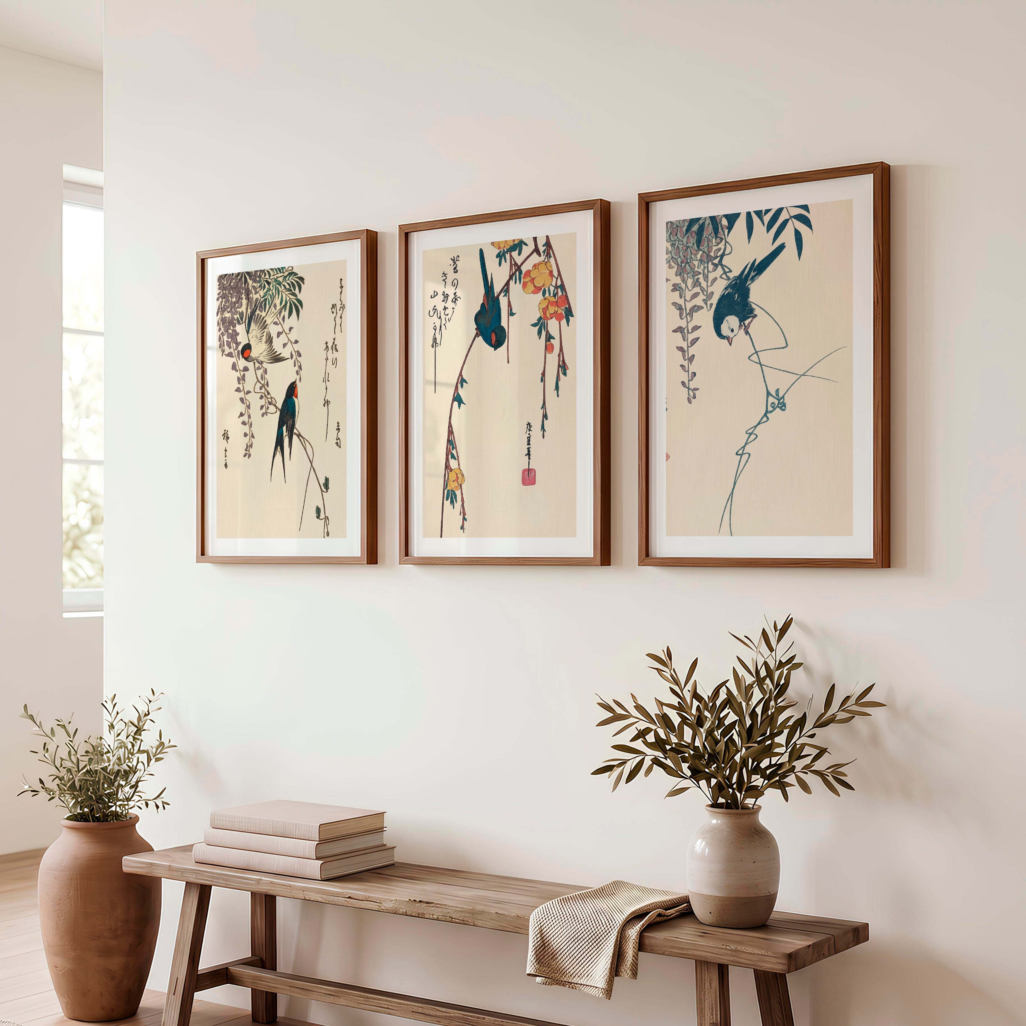Hanging Wisteria Swallows for wall art japandi - Dark Brown Framed Poster with White Border - Artworksets