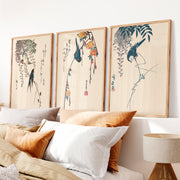 Hanging Wisteria Swallows for wall art japandi - Natural Wood Framed Poster No Border - Artworksets