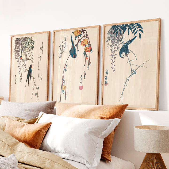 Hanging Wisteria Swallows for wall art japandi - Natural Wood Framed Poster No Border - Artworksets