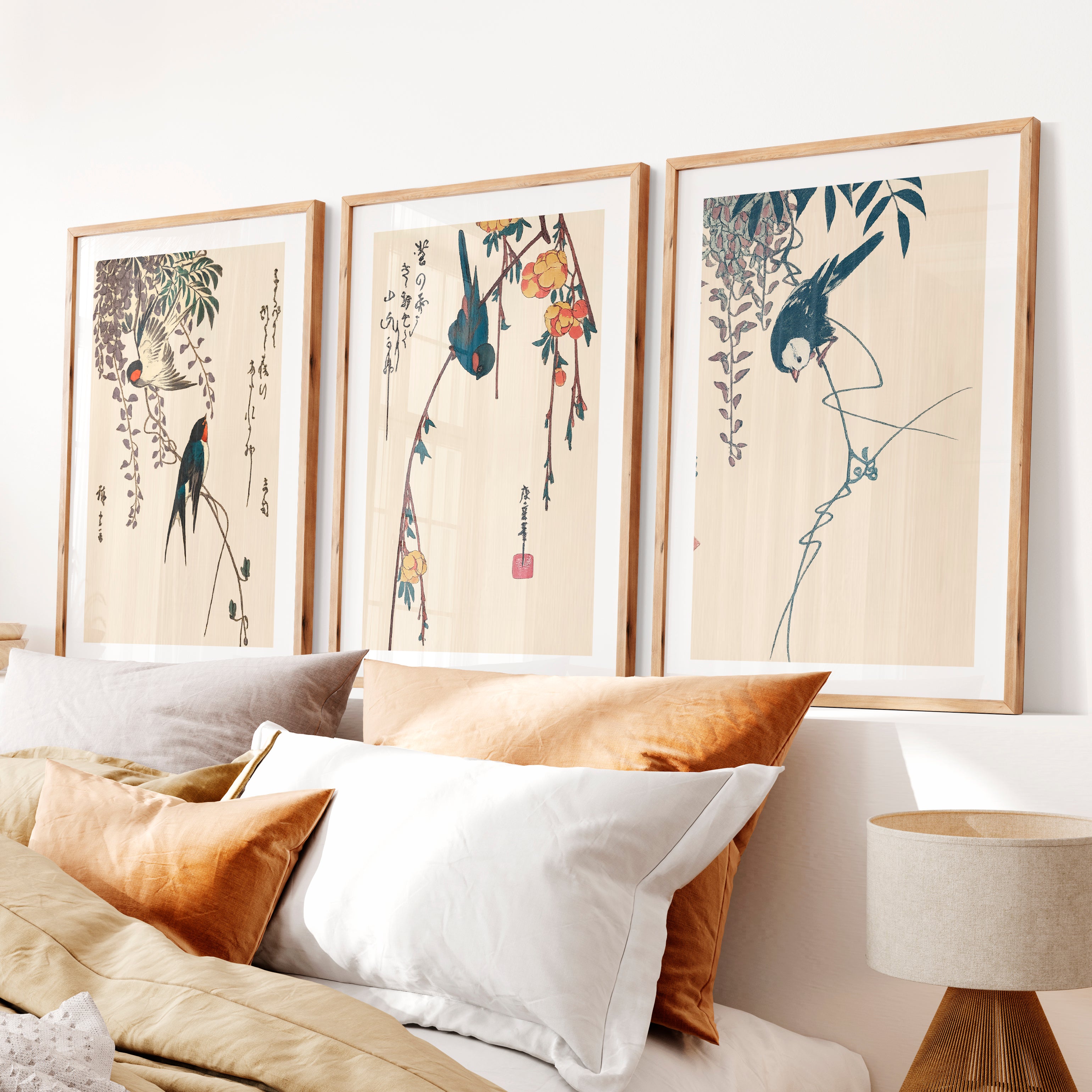 Hanging Wisteria Swallows for wall art japandi- Natural Wood Framed Poster with White Border - Artworksets