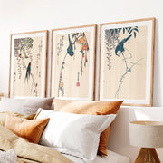 Hanging Wisteria Swallows for wall art japandi- Natural Wood Framed Poster with White Border - Artworksets