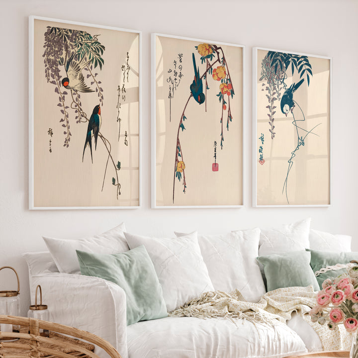 Hanging Wisteria Swallows for wall art japandi - White Framed Poster No Border - Artworksets