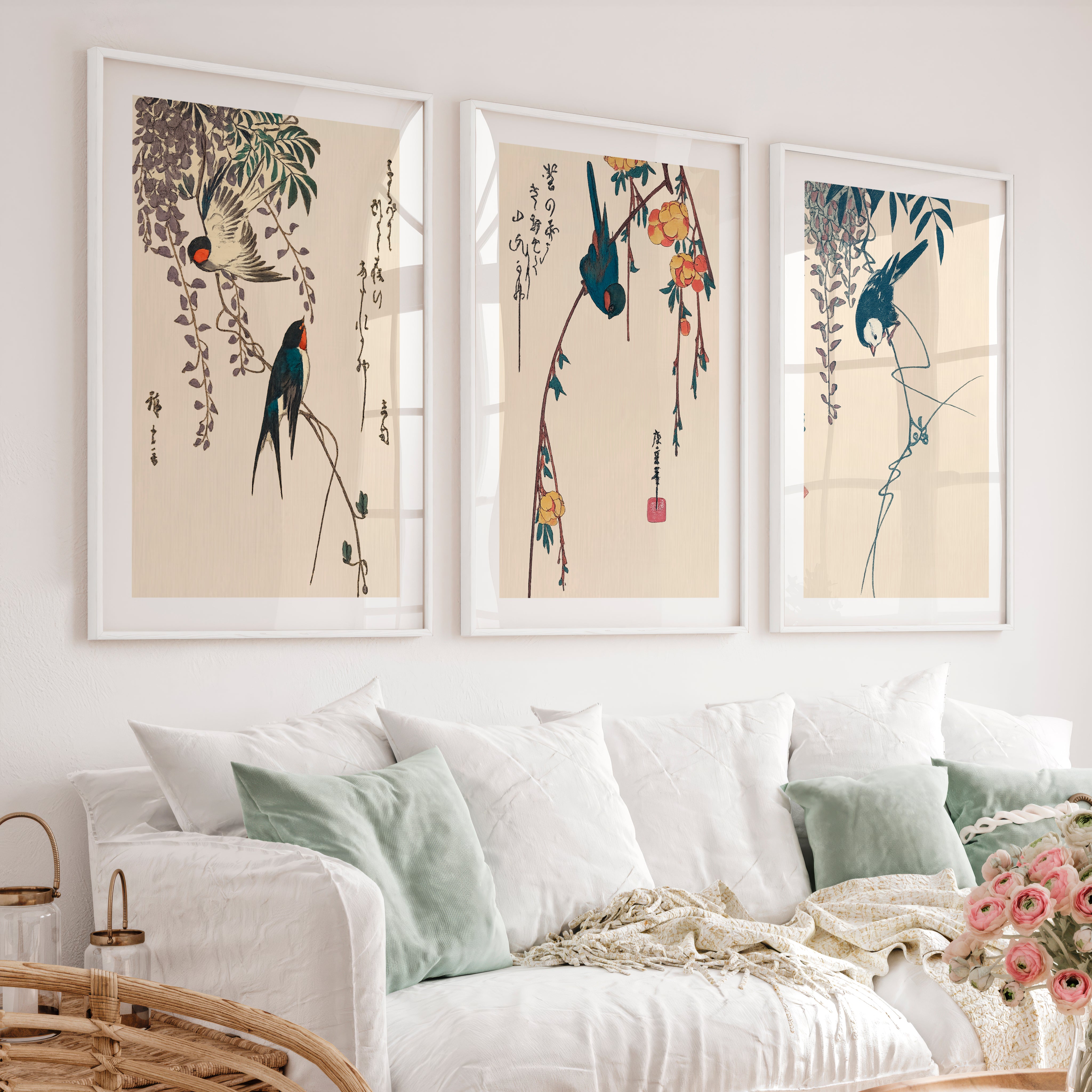 Hanging Wisteria Swallows for wall art japandi - White Framed Poster with White Border - Artworksets