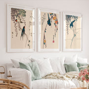 Hanging Wisteria Swallows for wall art japandi - White Framed Poster with White Border - Artworksets