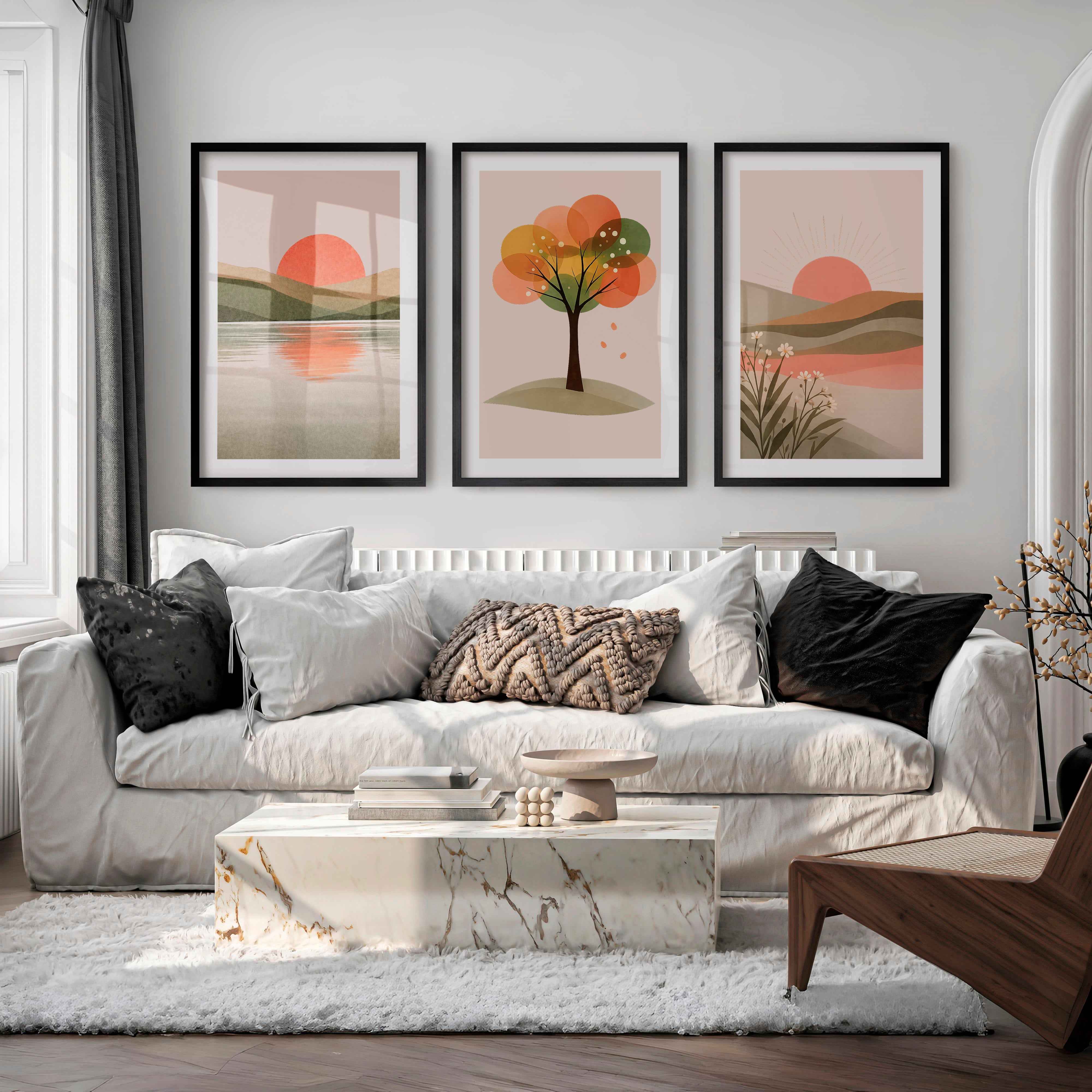 Sunlit Horizon wall art japandi - Black Framed Poster with White Border - Artworksets