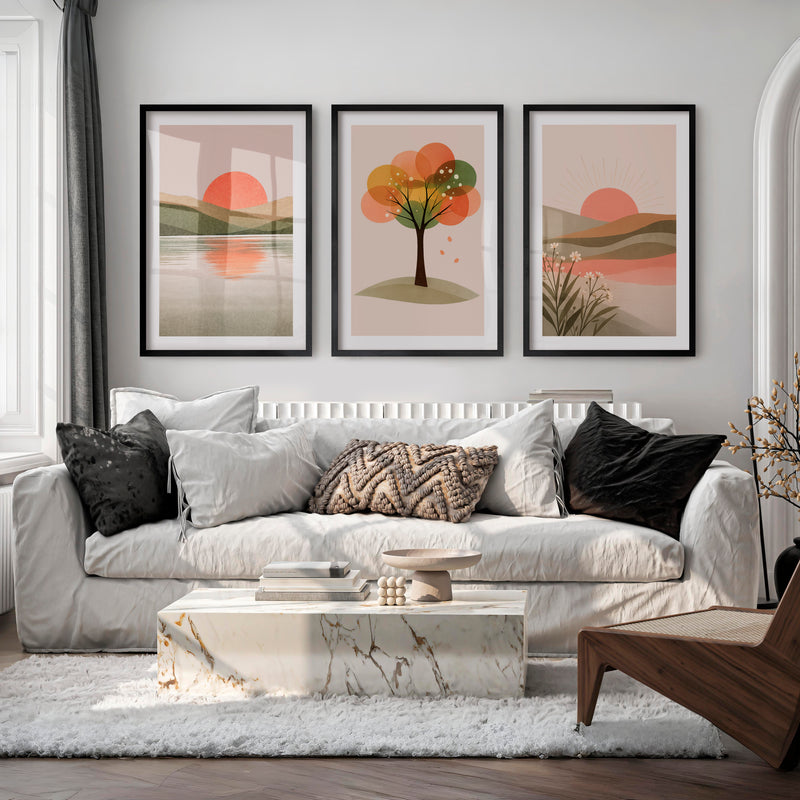 Sunlit Horizon wall art japandi - Black Framed Poster with White Border - Artworksets