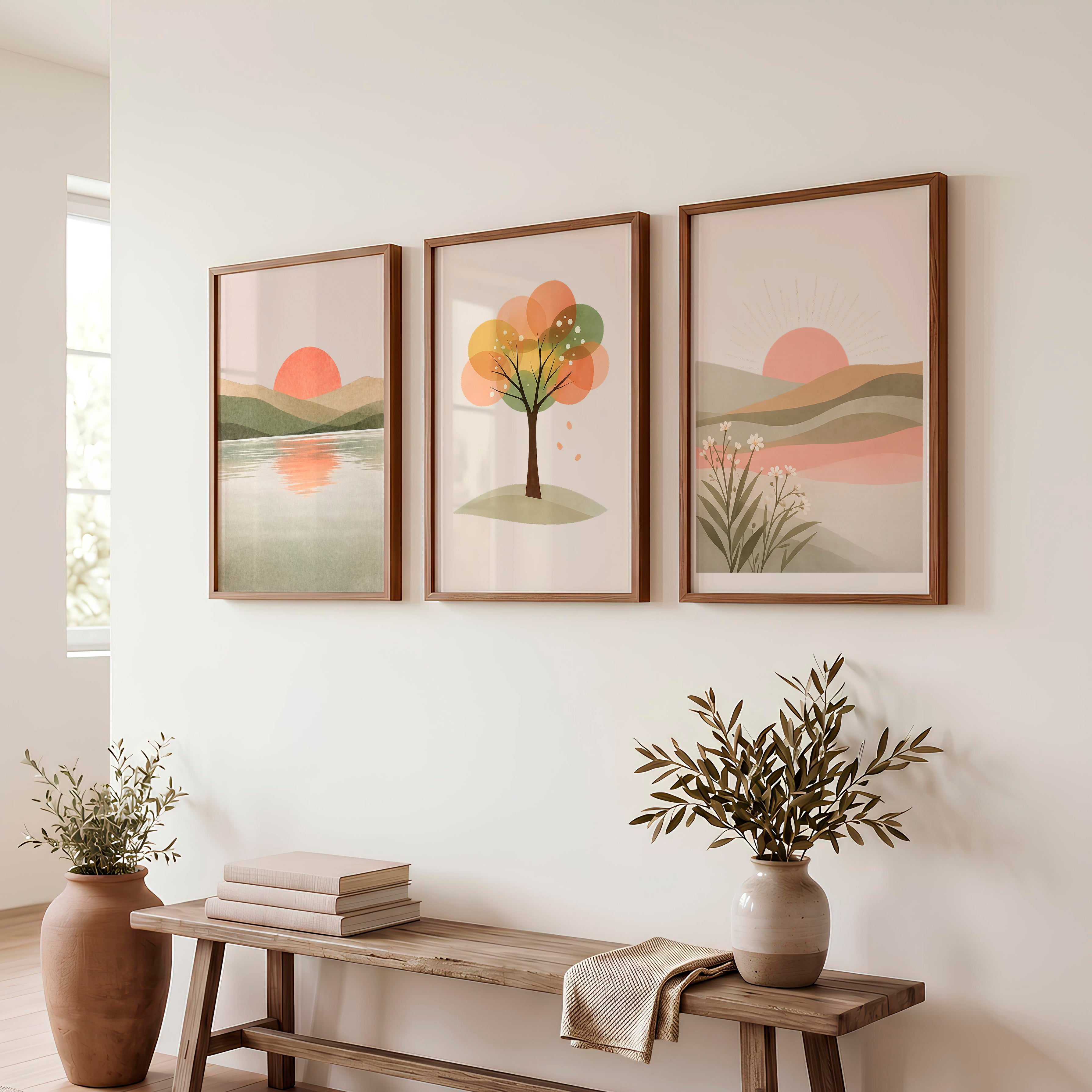 Sunlit Horizon wall art japandi - Dark Brown Framed Poster No Border - Artworksets