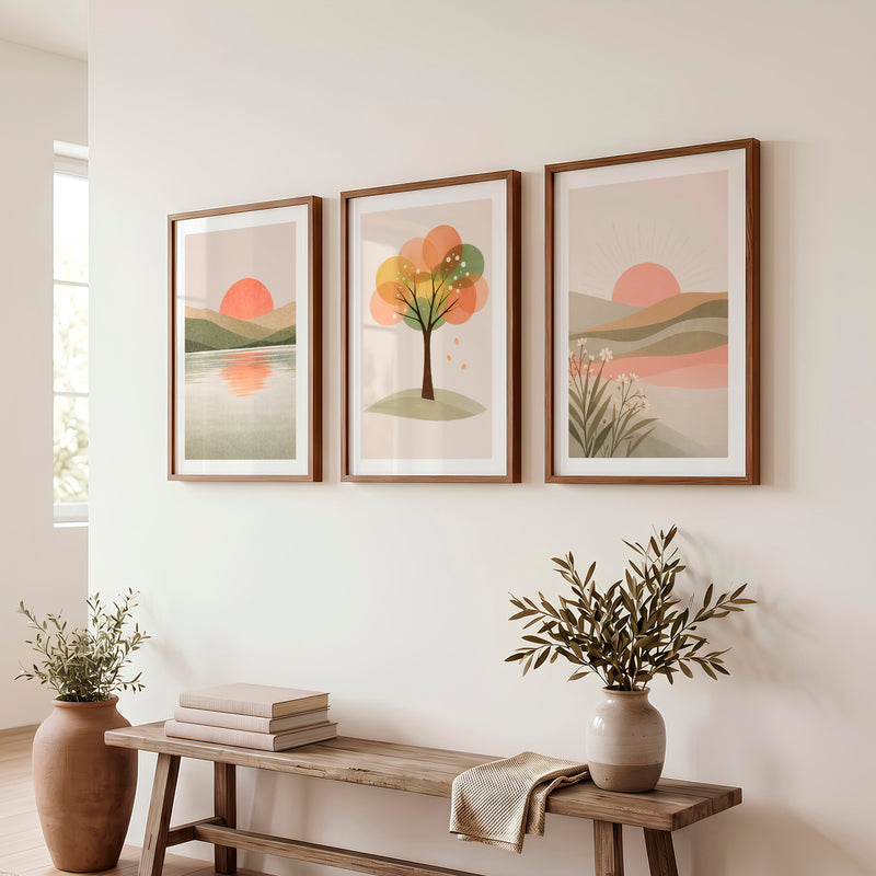 Sunlit Horizon wall art japandi - Dark Brown Framed Poster with White Border - Artworksets