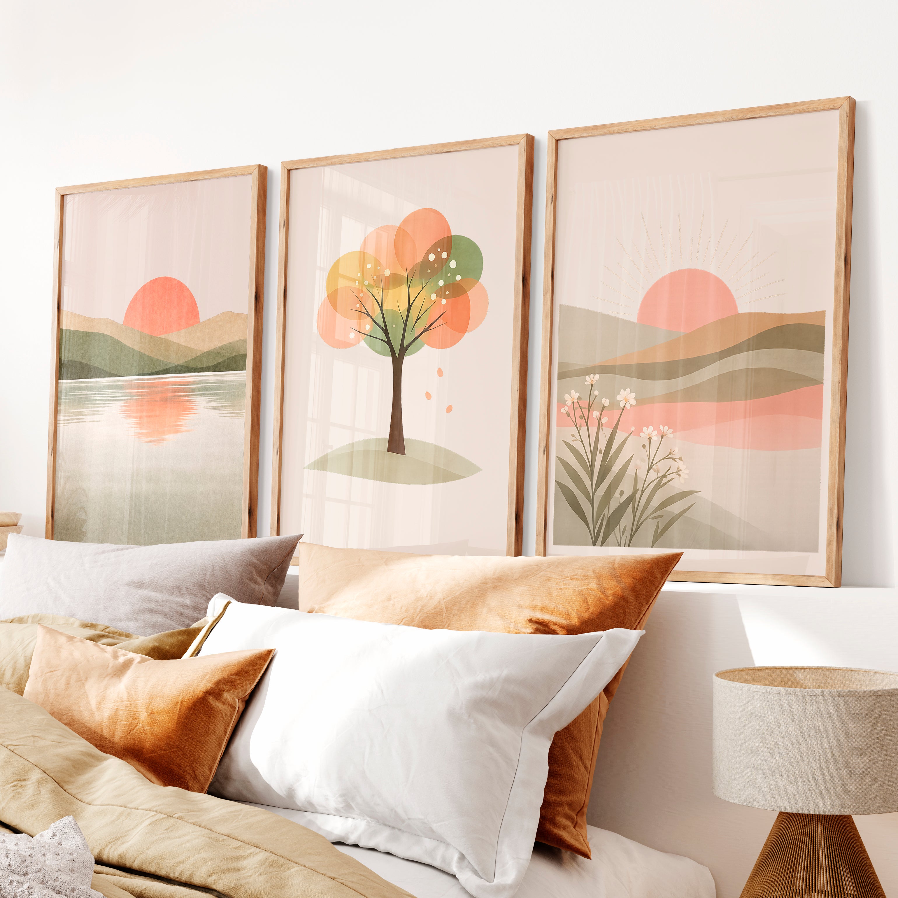 Sunlit Horizon wall art japandi - Natural Wood Framed Poster No Border - Artworksets