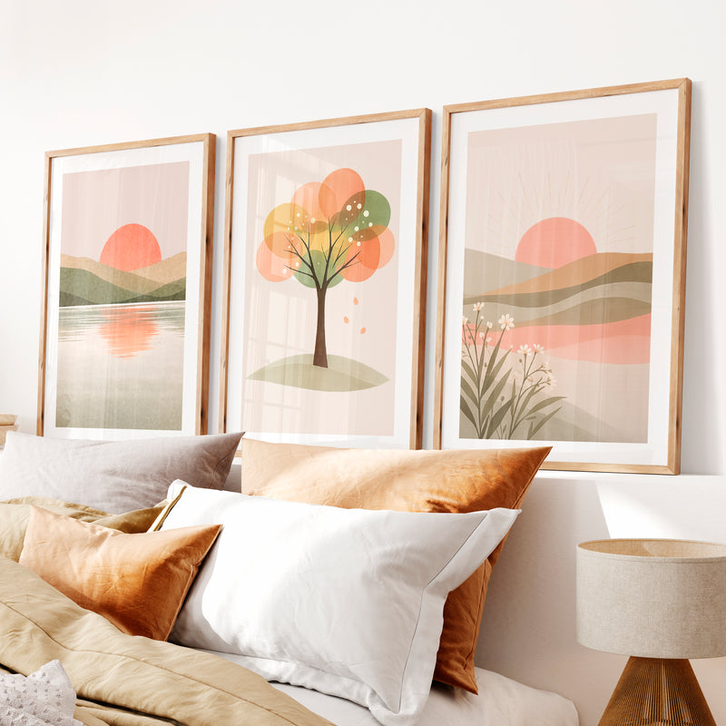 Sunlit Horizon wall art japandi- Natural Wood Framed Poster with White Border - Artworksets